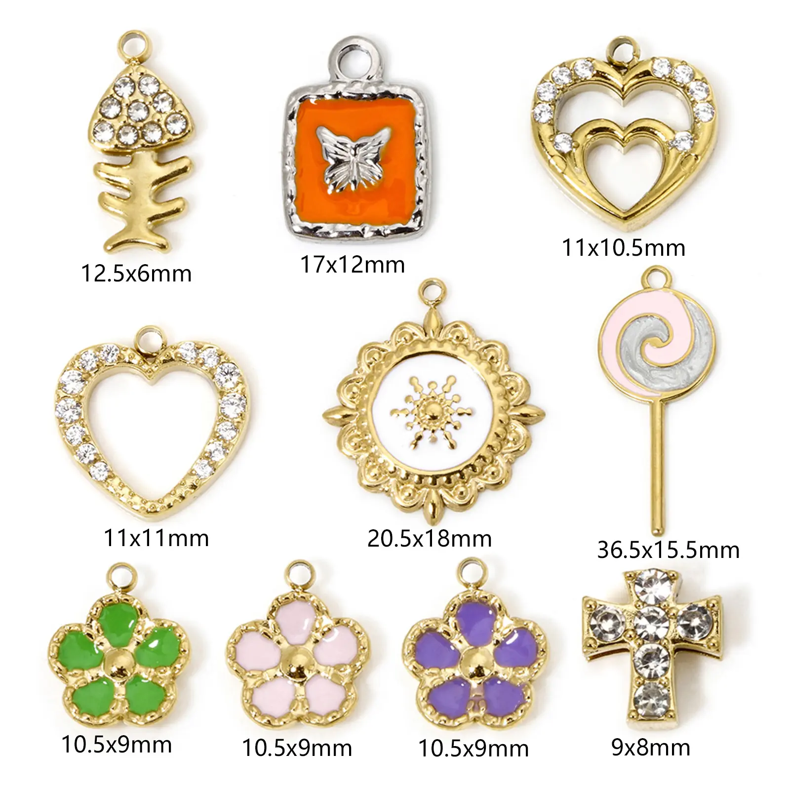 1 Piece 304 Stainless Steel Charms Gold Plated Fish Flower Cross Heart Enamel Clear Rhinestone Pendant For DIY Necklace Making