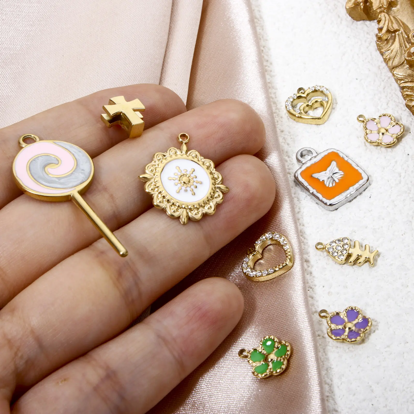 1 Piece 304 Stainless Steel Charms Gold Plated Fish Flower Cross Heart Enamel Clear Rhinestone Pendant For DIY Necklace Making