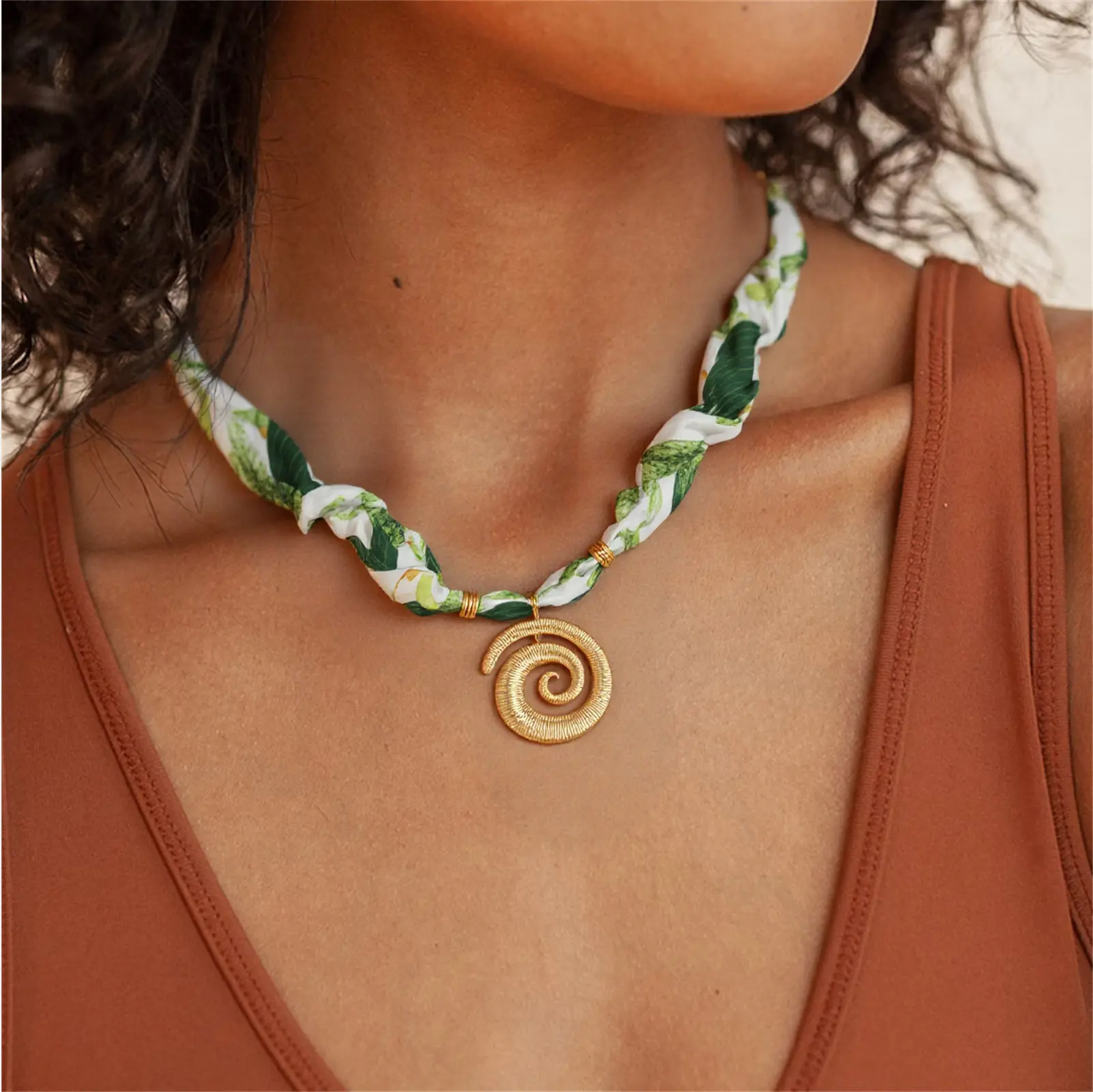 Spiral Pendant Charm Scarf Necklace 304 Stainless Steel & Polyester 80cm(31.5") For Women Leaf Green Dainty Pastoral Style Gift