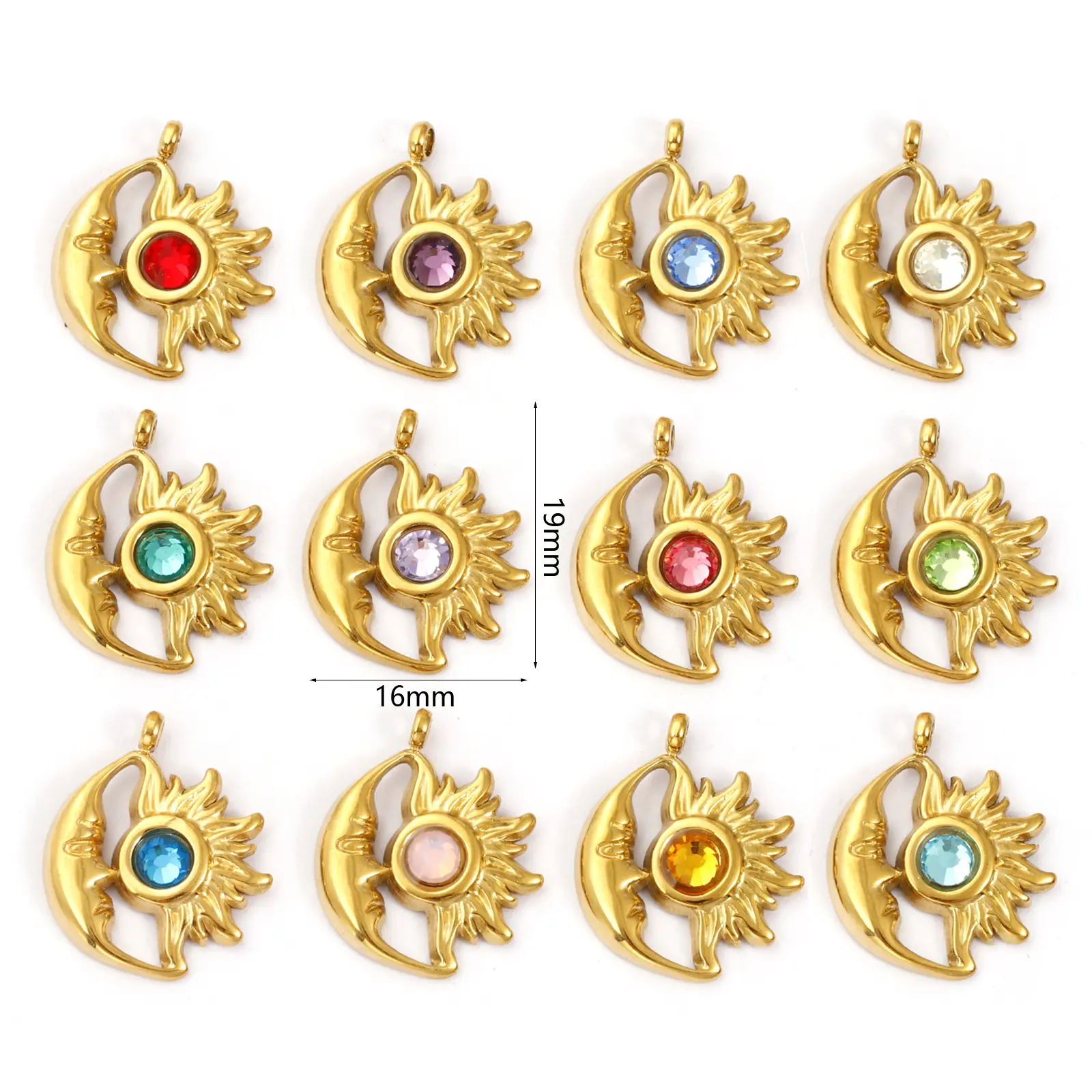 1 Piece 304 Stainless Steel Birthstone Charms 18K Gold Plated Sun Moon Face Pendant For DIY Necklace Jewelry Making 19mm x 16mm