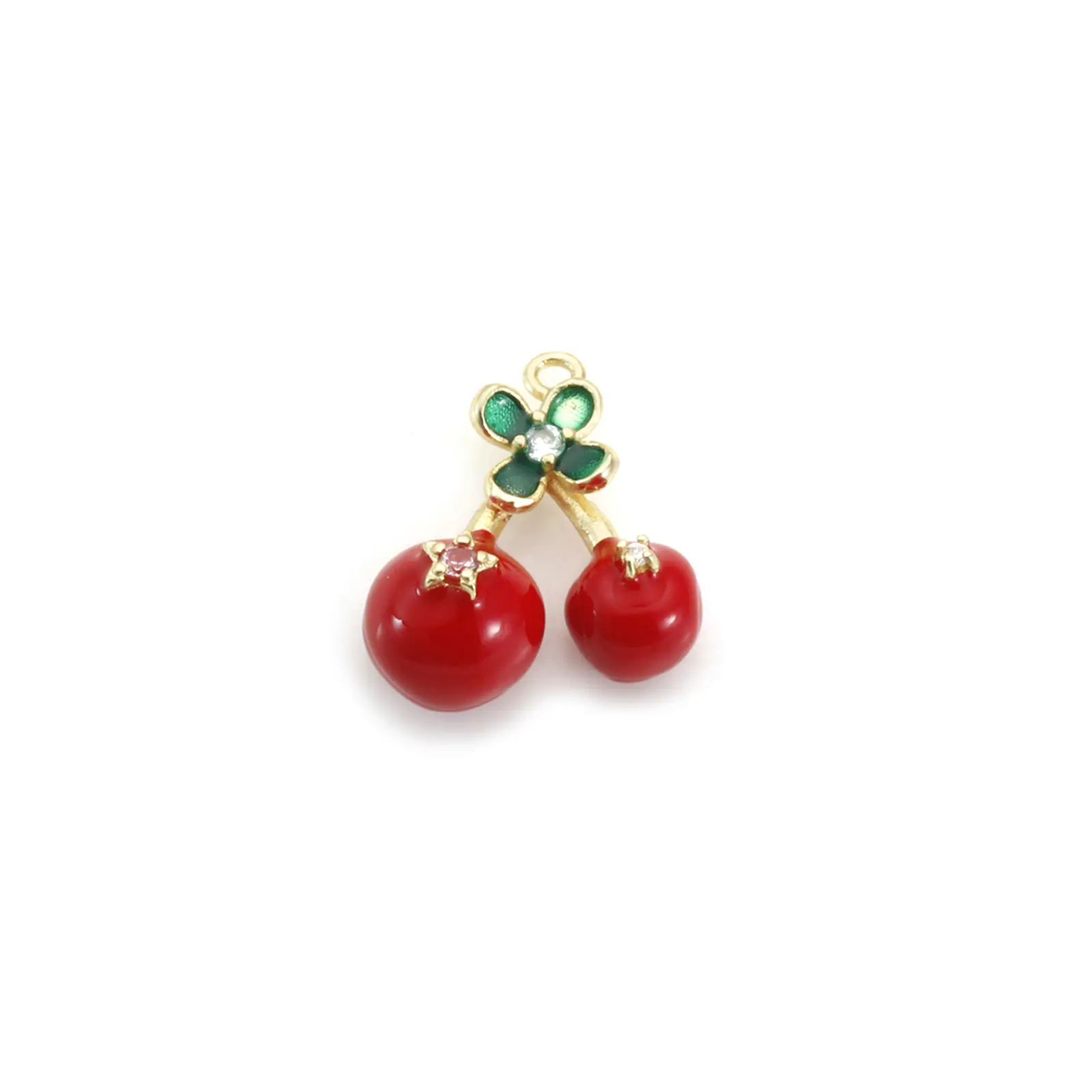 1 Piece Brass Charm 18K Gold Plated Red & Green Enamel Cherry Fruit 3D Clear Cubic Zirconia Pendant Necklace DIY 17.4mm x 17mm