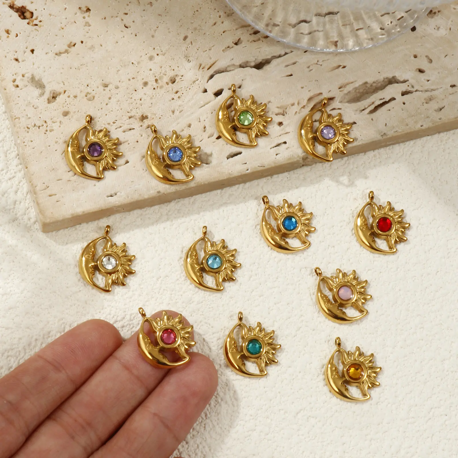 1 Piece 304 Stainless Steel Birthstone Charms 18K Gold Plated Sun Moon Face Pendant For DIY Necklace Jewelry Making 19mm x 16mm