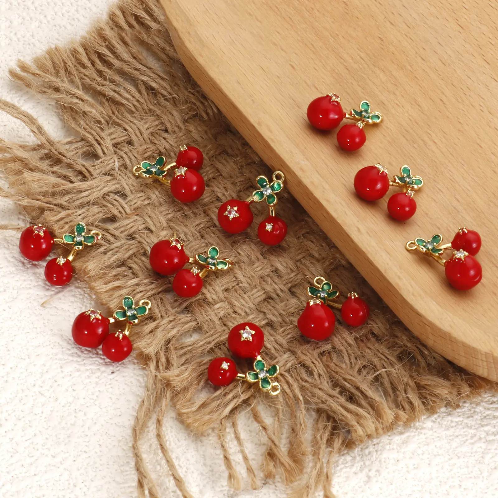 1 Piece Brass Charm 18K Gold Plated Red & Green Enamel Cherry Fruit 3D Clear Cubic Zirconia Pendant Necklace DIY 17.4mm x 17mm