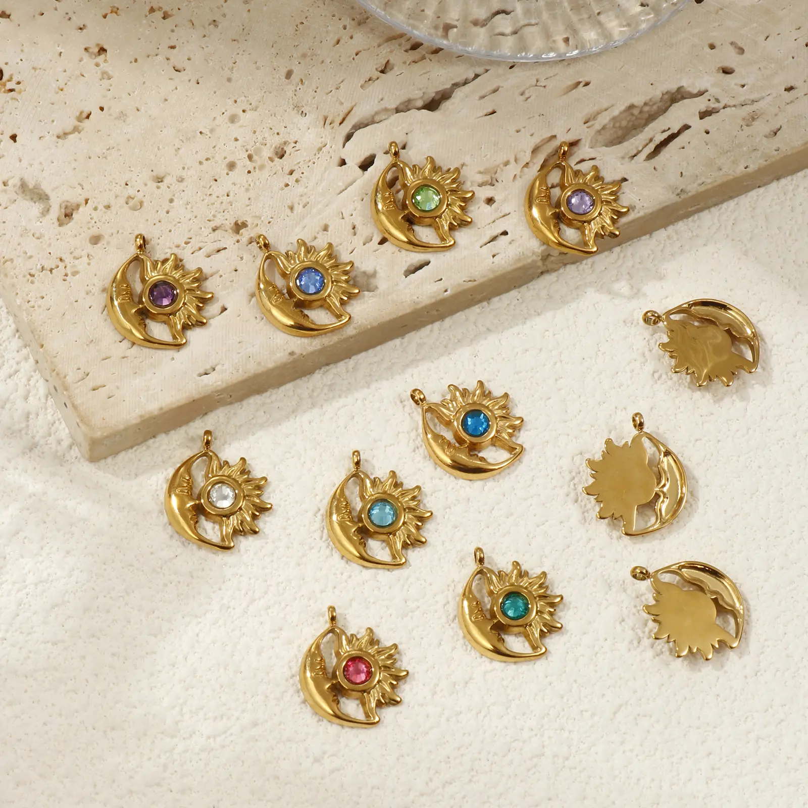 1 Piece 304 Stainless Steel Birthstone Charms 18K Gold Plated Sun Moon Face Pendant For DIY Necklace Jewelry Making 19mm x 16mm