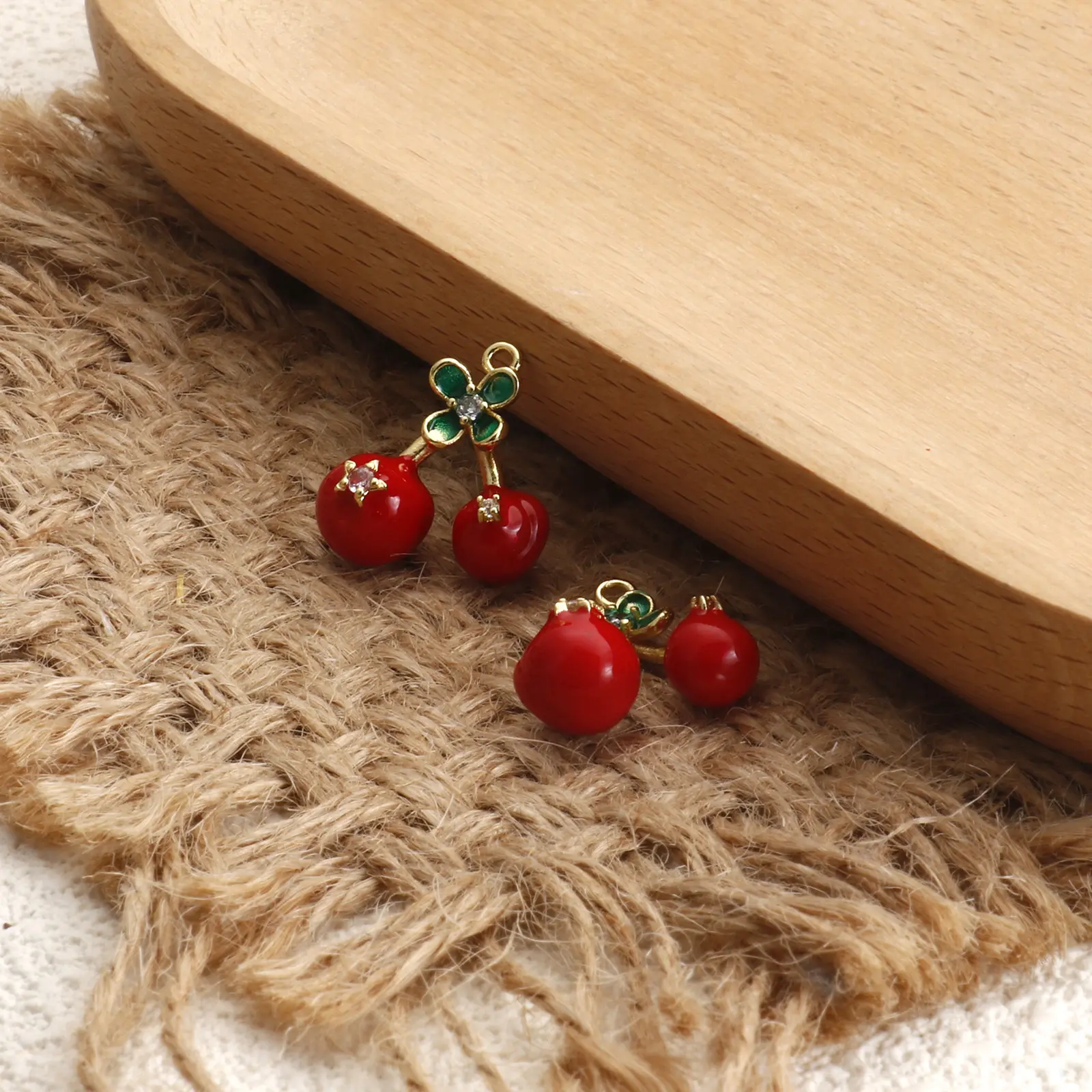 1 Piece Brass Charm 18K Gold Plated Red & Green Enamel Cherry Fruit 3D Clear Cubic Zirconia Pendant Necklace DIY 17.4mm x 17mm