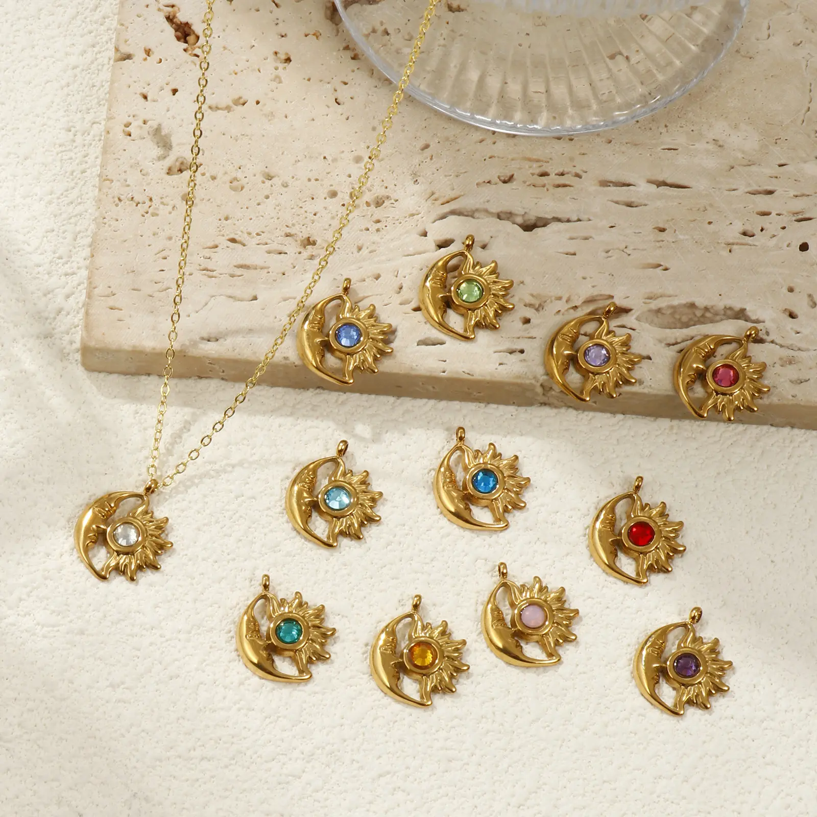 1 Piece 304 Stainless Steel Birthstone Charms 18K Gold Plated Sun Moon Face Pendant For DIY Necklace Jewelry Making 19mm x 16mm