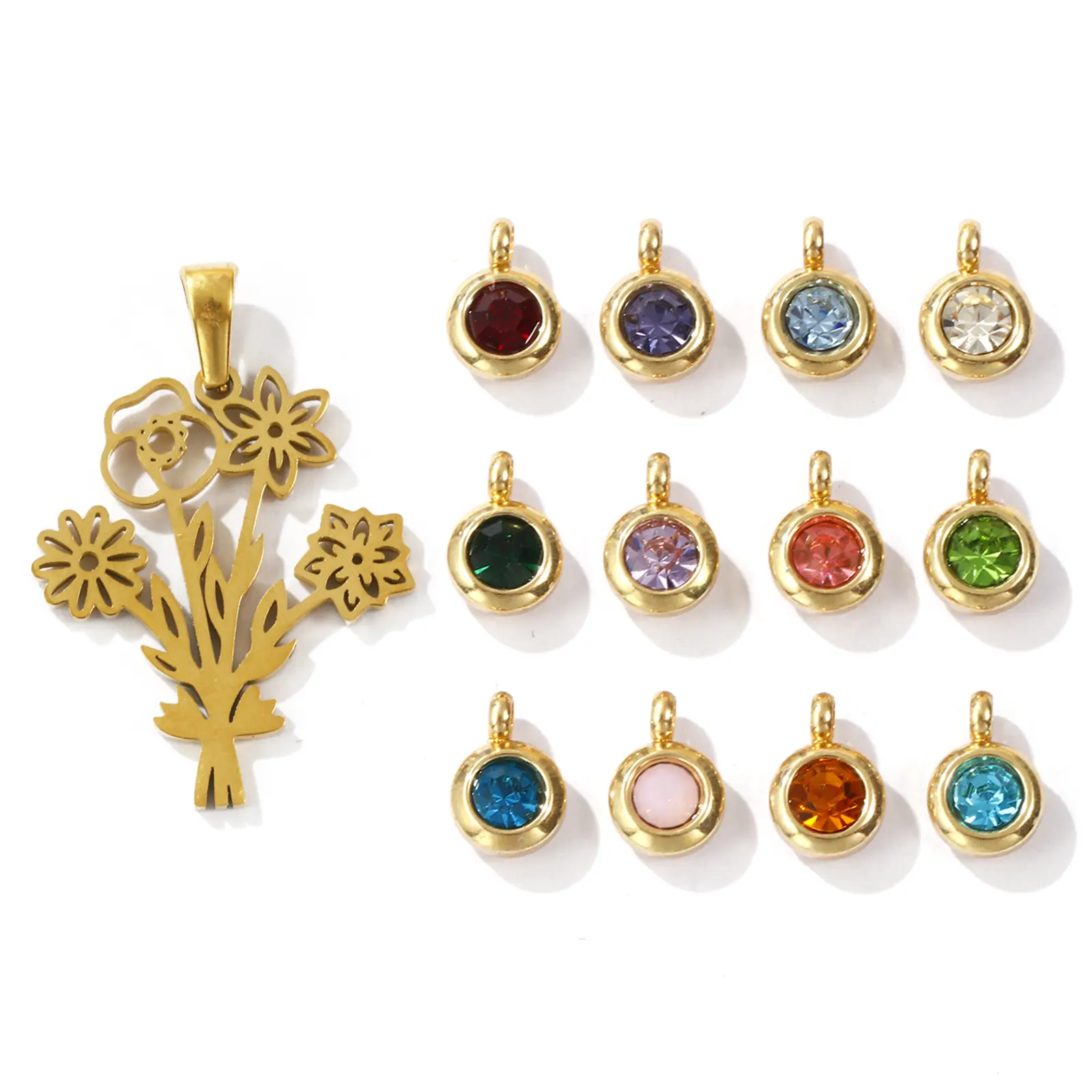 1 Set 304 Stainless Steel Birthstone Charms 18K Gold Plated Round Hollow Flower Bouquet For Necklace Bracelet Jewelry Making