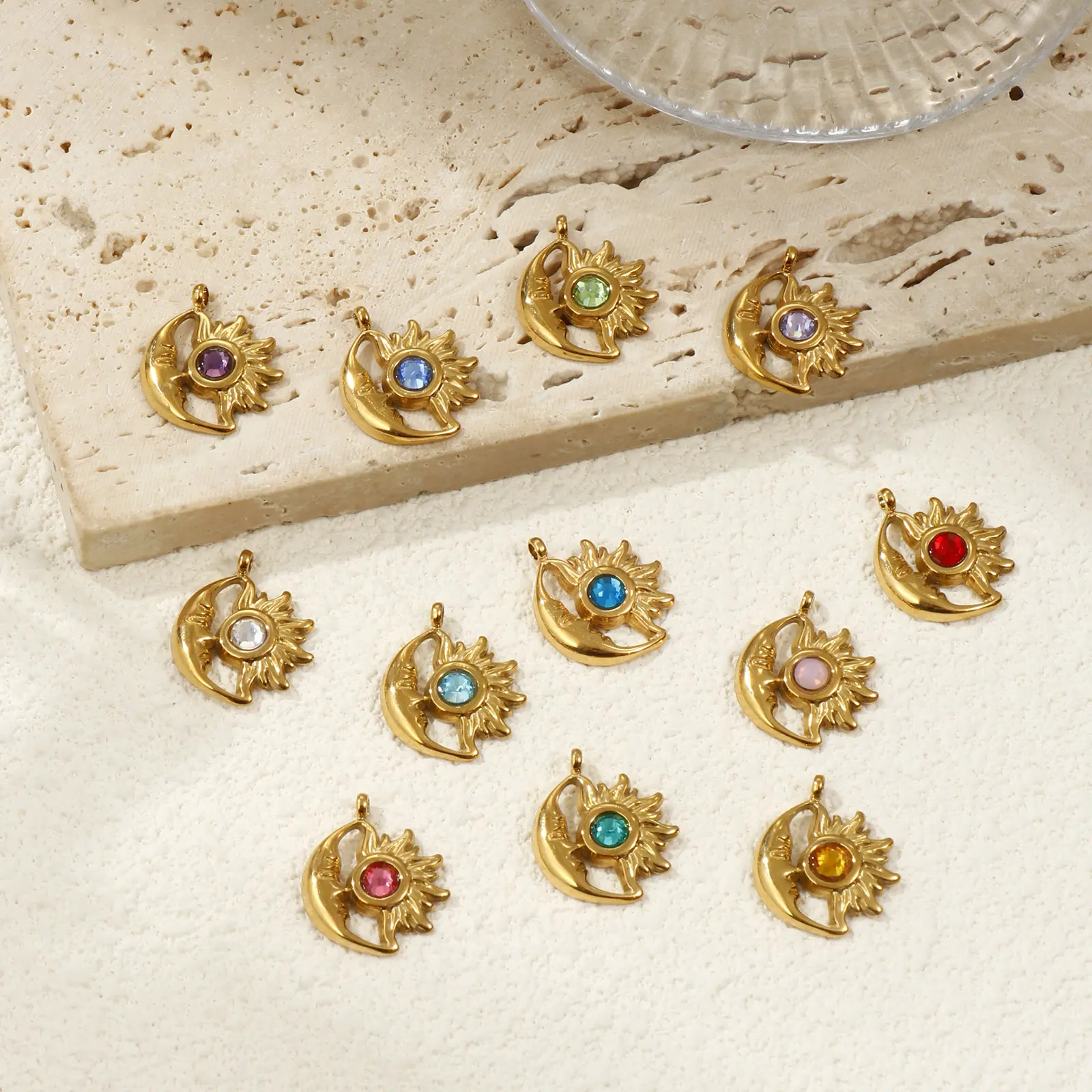 1 Piece 304 Stainless Steel Birthstone Charms 18K Gold Plated Sun Moon Face Pendant For DIY Necklace Jewelry Making 19mm x 16mm