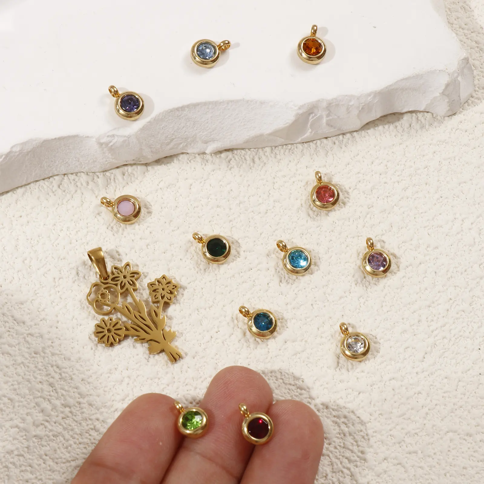 1 Set 304 Stainless Steel Birthstone Charms 18K Gold Plated Round Hollow Flower Bouquet For Necklace Bracelet Jewelry Making