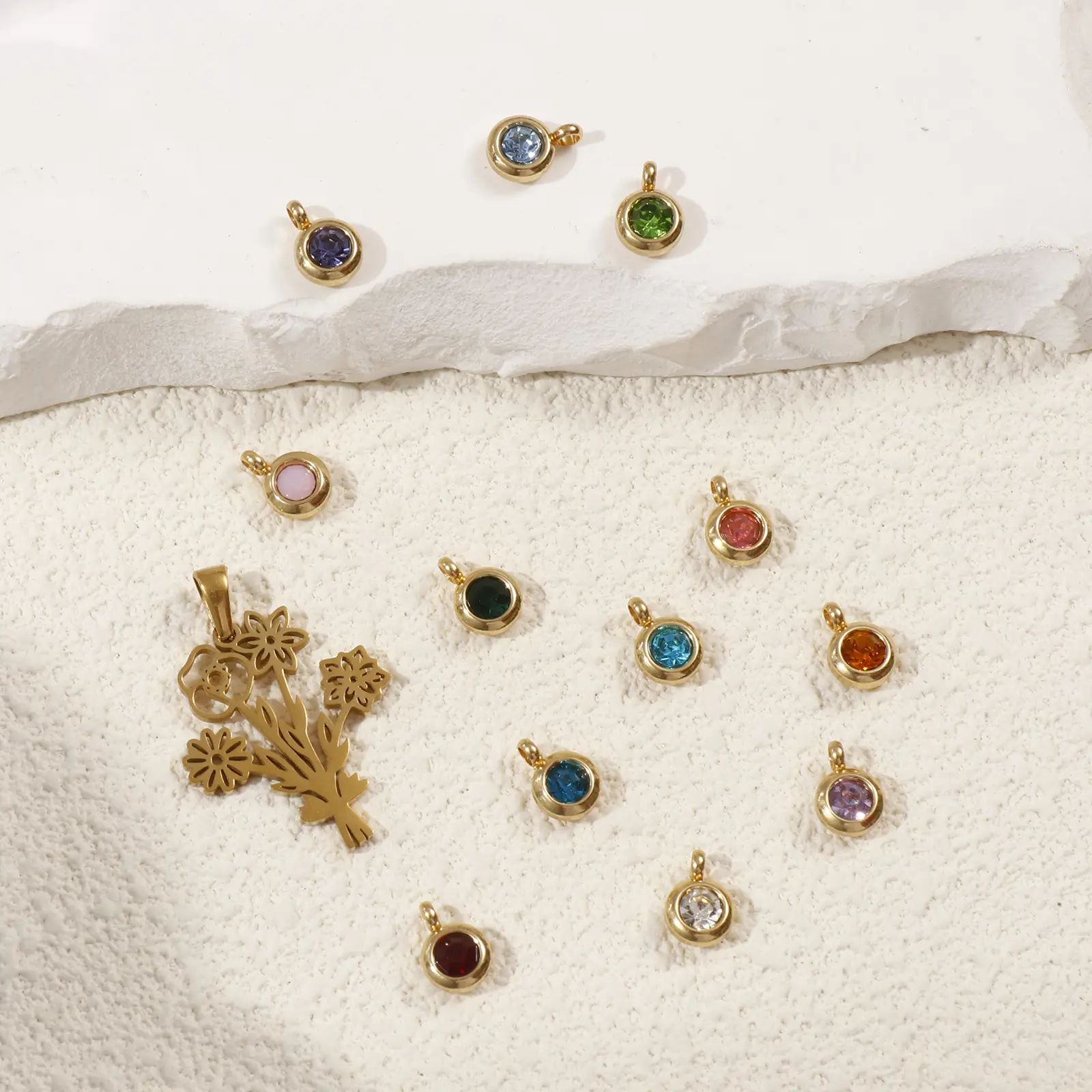 1 Set 304 Stainless Steel Birthstone Charms 18K Gold Plated Round Hollow Flower Bouquet For Necklace Bracelet Jewelry Making
