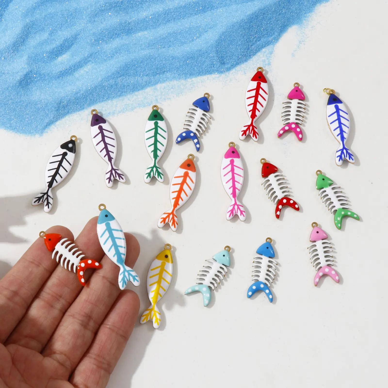 2 Pcs 304 Stainless Steel Ocean Jewelry Pendants Fish Bone 18K Gold Plated Double-sided Enamel Charms For DIY Necklace Making