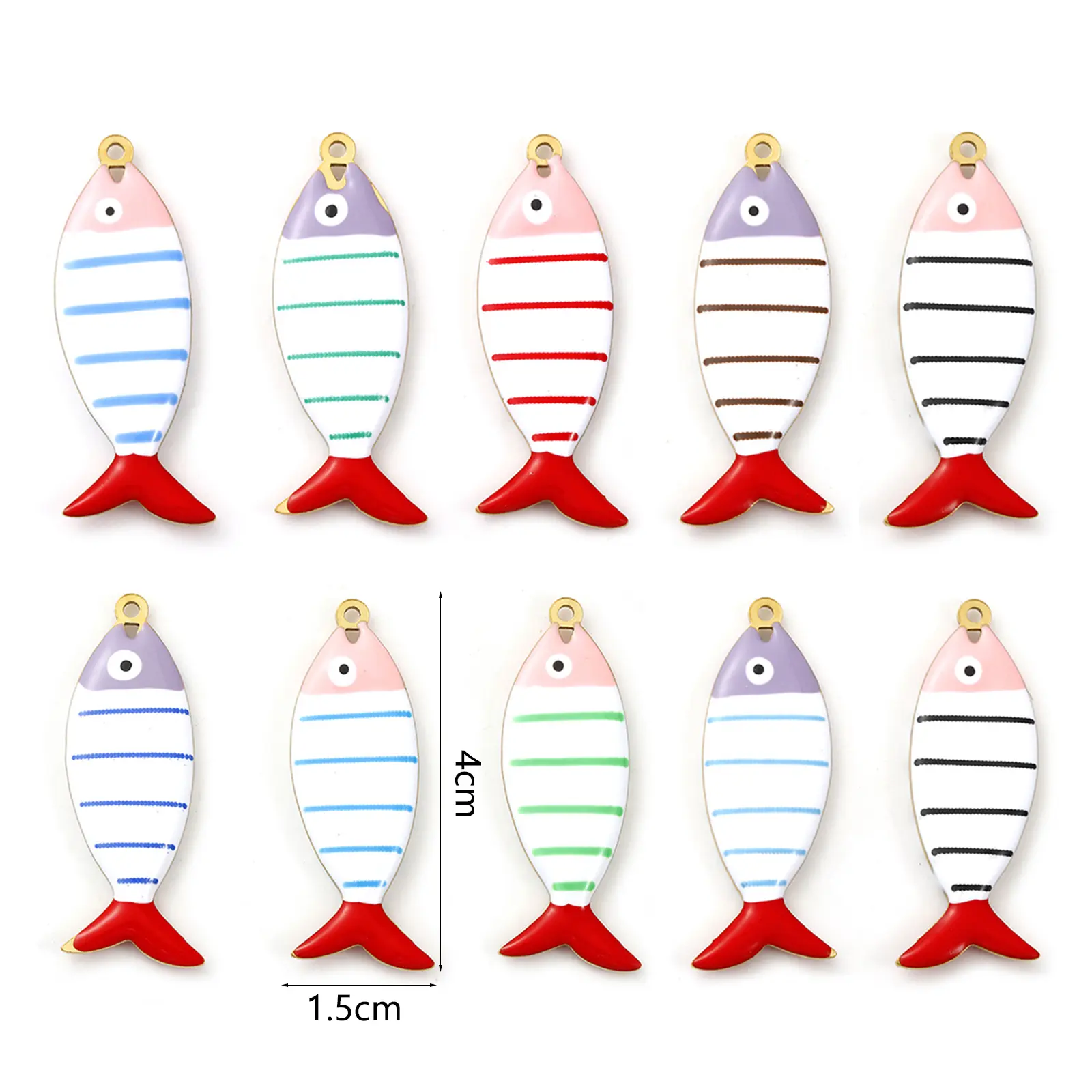 2 Pcs 304 Stainless Steel Ocean Jewelry Pendants Fish Stripe 18K Gold Plated Double-sided Enamel Charms Neckalce DIY4cm x 1.5cm