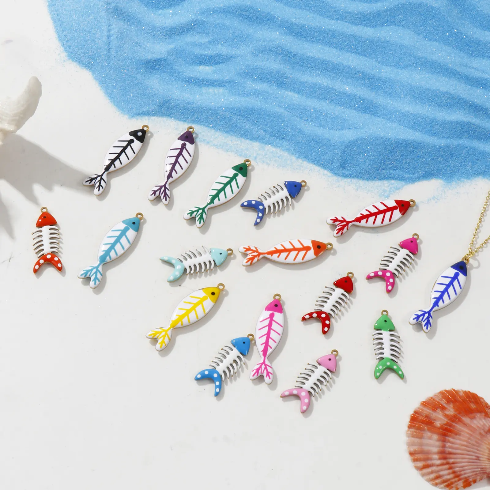 2 Pcs 304 Stainless Steel Ocean Jewelry Pendants Fish Bone 18K Gold Plated Double-sided Enamel Charms For DIY Necklace Making