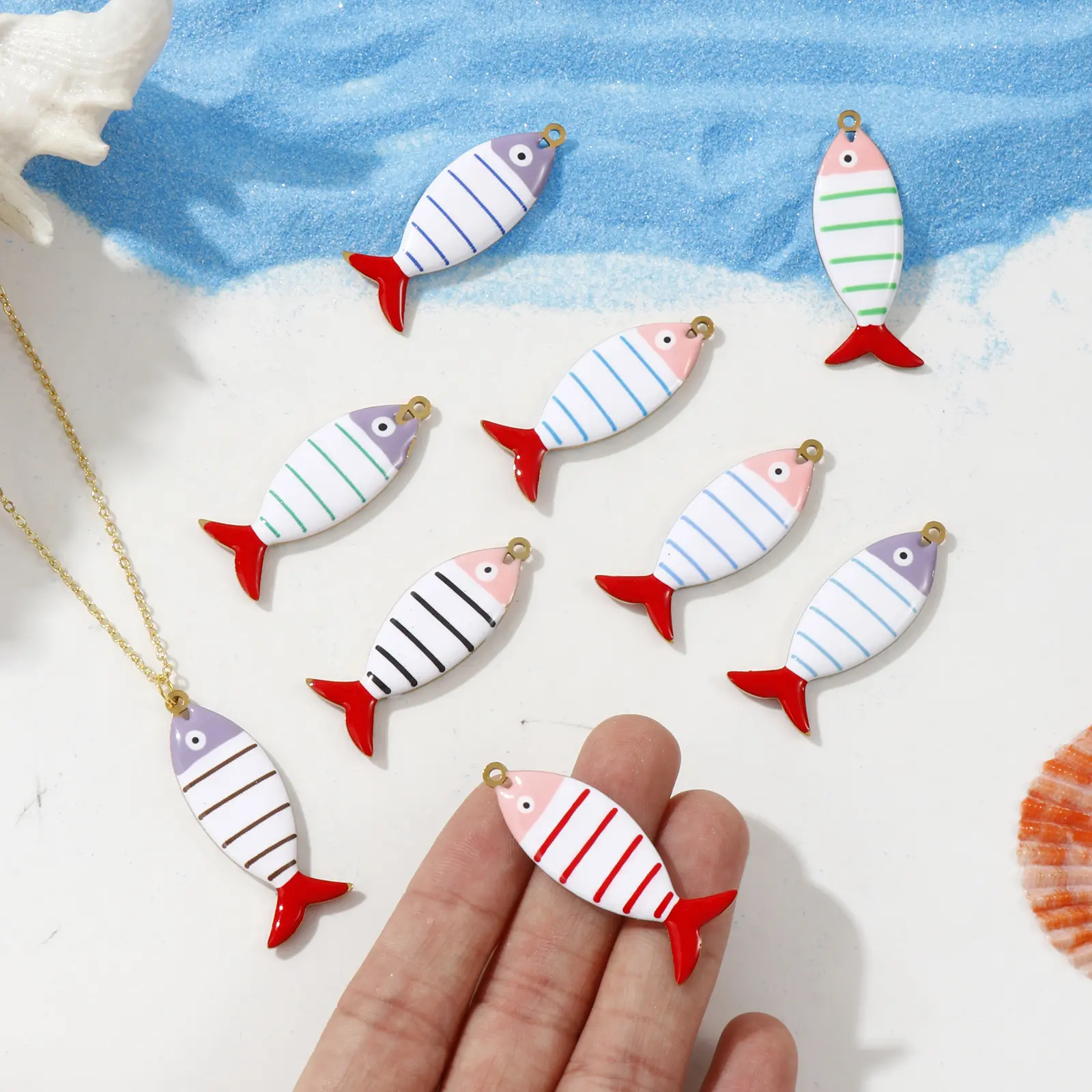 2 Pcs 304 Stainless Steel Ocean Jewelry Pendants Fish Stripe 18K Gold Plated Double-sided Enamel Charms Neckalce DIY4cm x 1.5cm