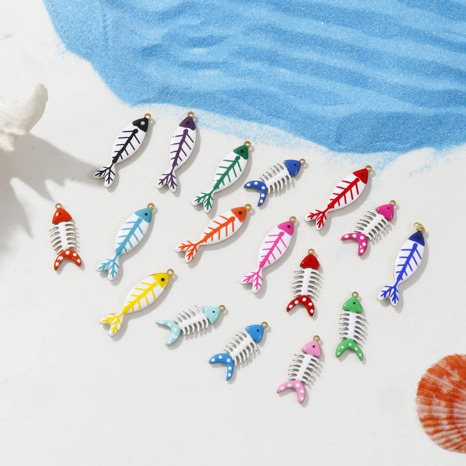 2 Pcs 304 Stainless Steel Ocean Jewelry Pendants Fish Bone 18K Gold Plated Double-sided Enamel Charms For DIY Necklace Making