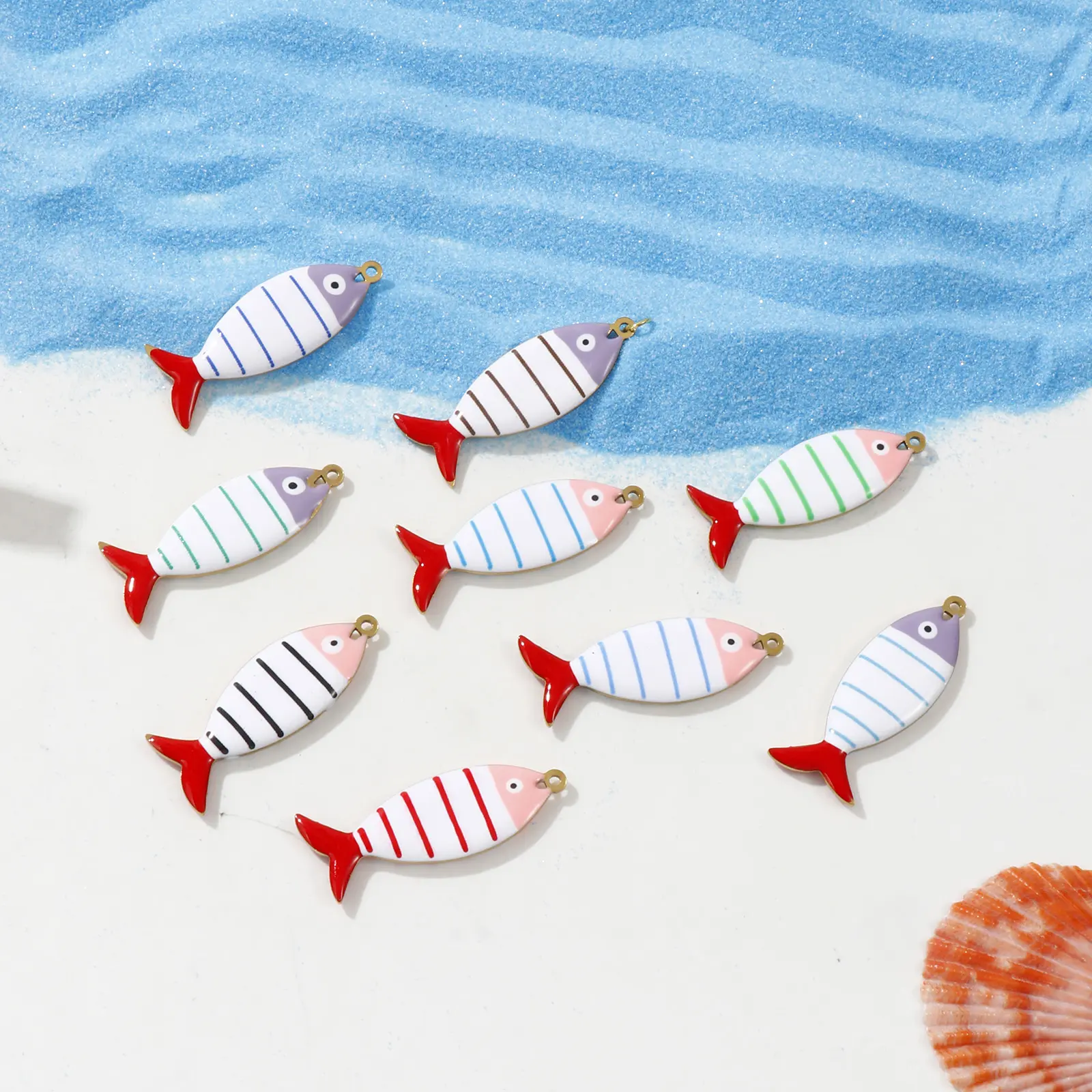 2 Pcs 304 Stainless Steel Ocean Jewelry Pendants Fish Stripe 18K Gold Plated Double-sided Enamel Charms Neckalce DIY4cm x 1.5cm