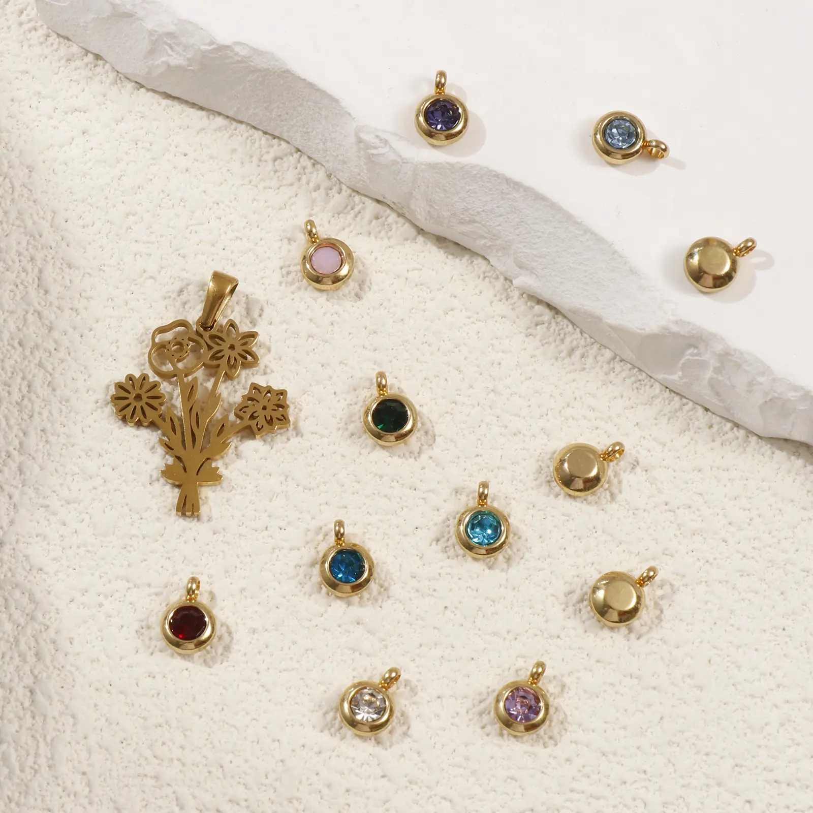 1 Set 304 Stainless Steel Birthstone Charms 18K Gold Plated Round Hollow Flower Bouquet For Necklace Bracelet Jewelry Making