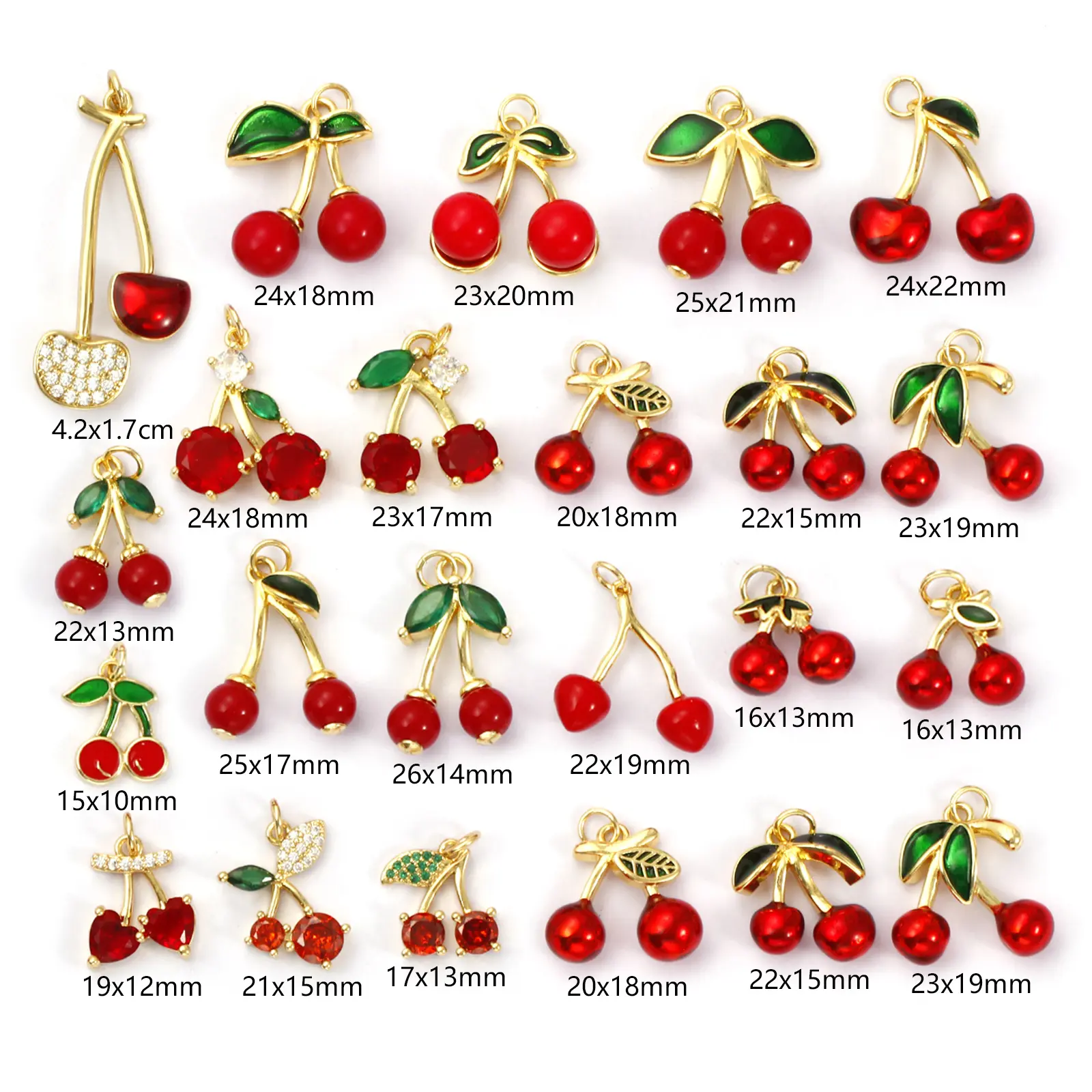 1 Piece Brass Charms 18K Gold Plated Red Cherry Fruit Cubic Zirconia Pendants For Necklace Bracelet Earrings Jewelry Making