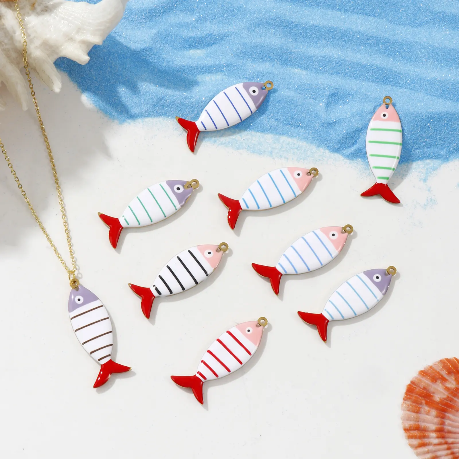 2 Pcs 304 Stainless Steel Ocean Jewelry Pendants Fish Stripe 18K Gold Plated Double-sided Enamel Charms Neckalce DIY4cm x 1.5cm