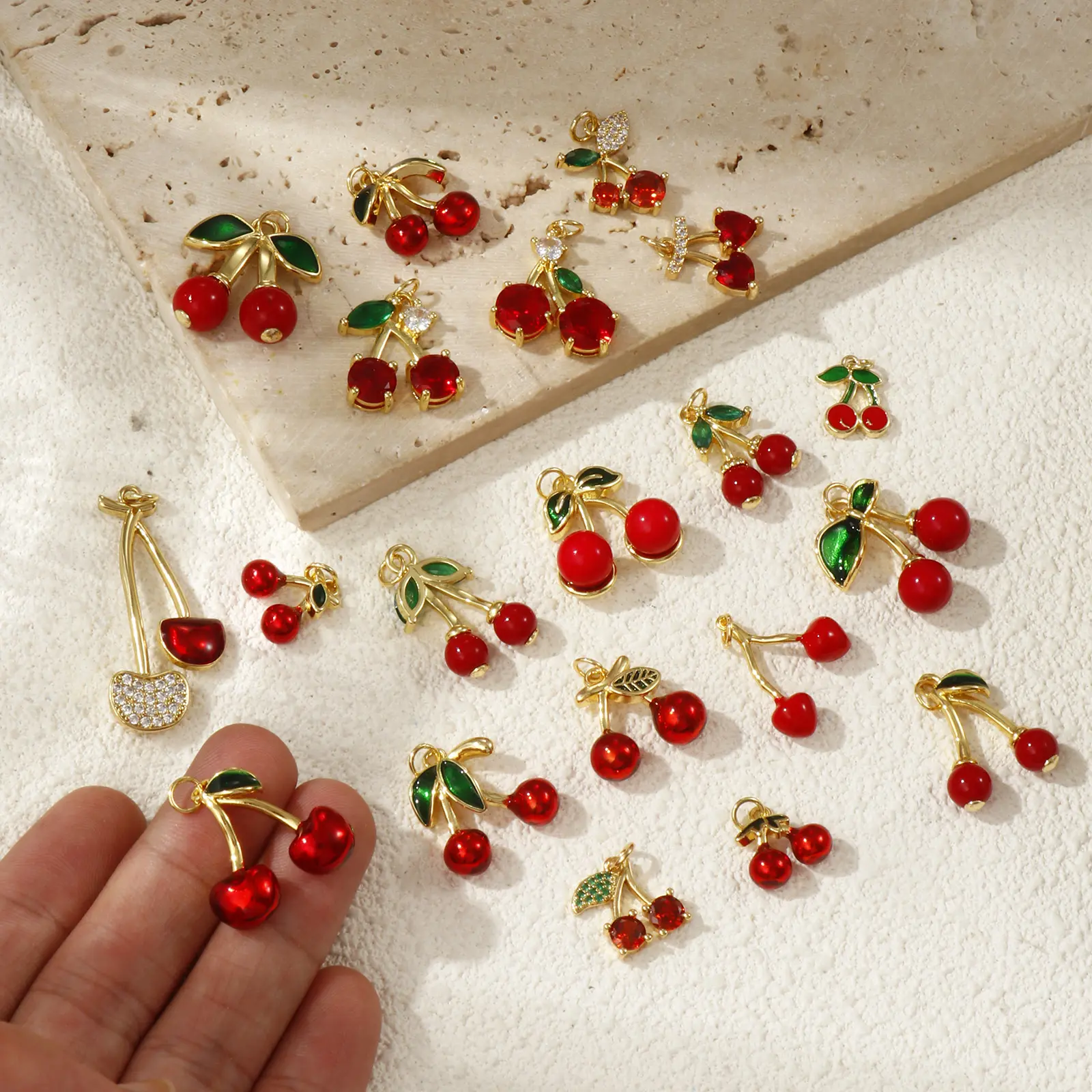 1 Piece Brass Charms 18K Gold Plated Red Cherry Fruit Cubic Zirconia Pendants For Necklace Bracelet Earrings Jewelry Making