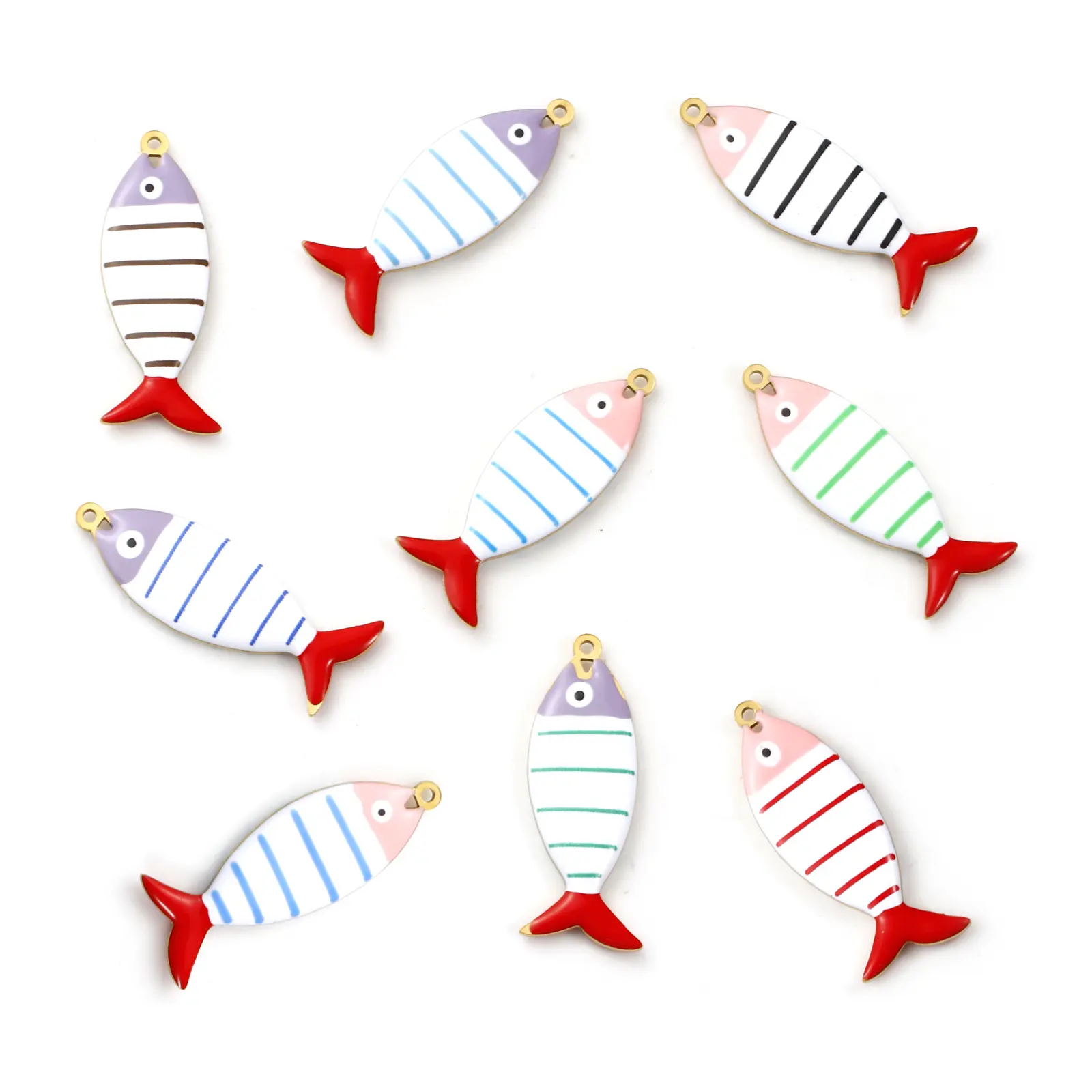 2 Pcs 304 Stainless Steel Ocean Jewelry Pendants Fish Stripe 18K Gold Plated Double-sided Enamel Charms Neckalce DIY4cm x 1.5cm