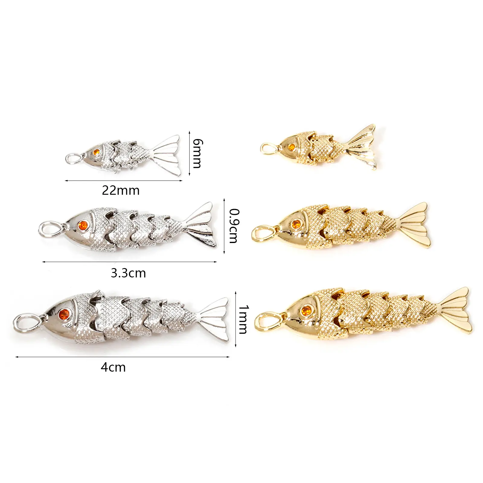 1 Piece Ocean Copper Golden Silvery Fish Pendant For Diy Necklace Pave Orange Red Zircon Eyes Jewelry Charms  Making Findings