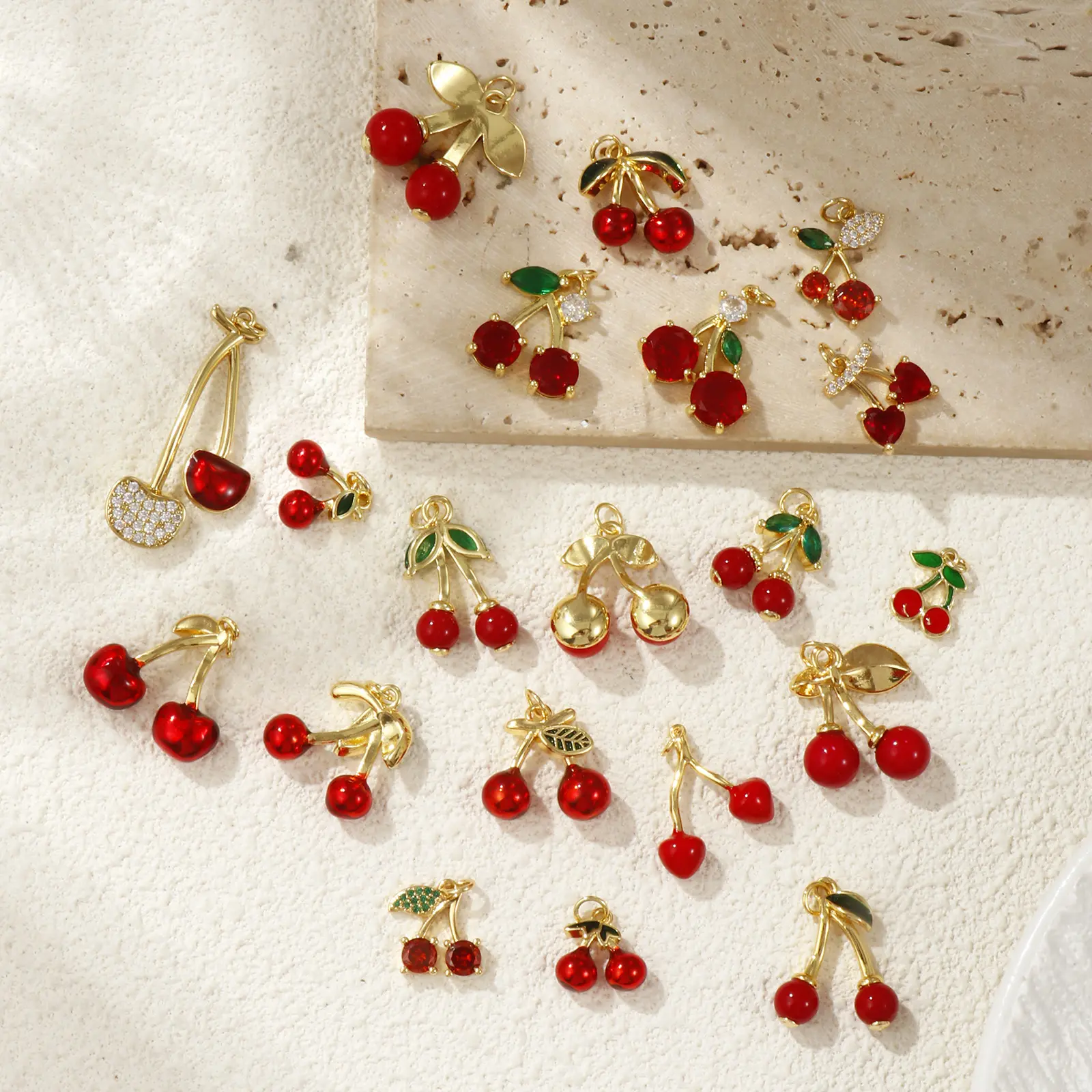 1 Piece Brass Charms 18K Gold Plated Red Cherry Fruit Cubic Zirconia Pendants For Necklace Bracelet Earrings Jewelry Making