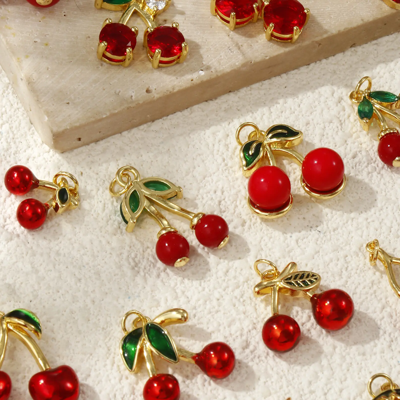 1 Piece Brass Charms 18K Gold Plated Red Cherry Fruit Cubic Zirconia Pendants For Necklace Bracelet Earrings Jewelry Making