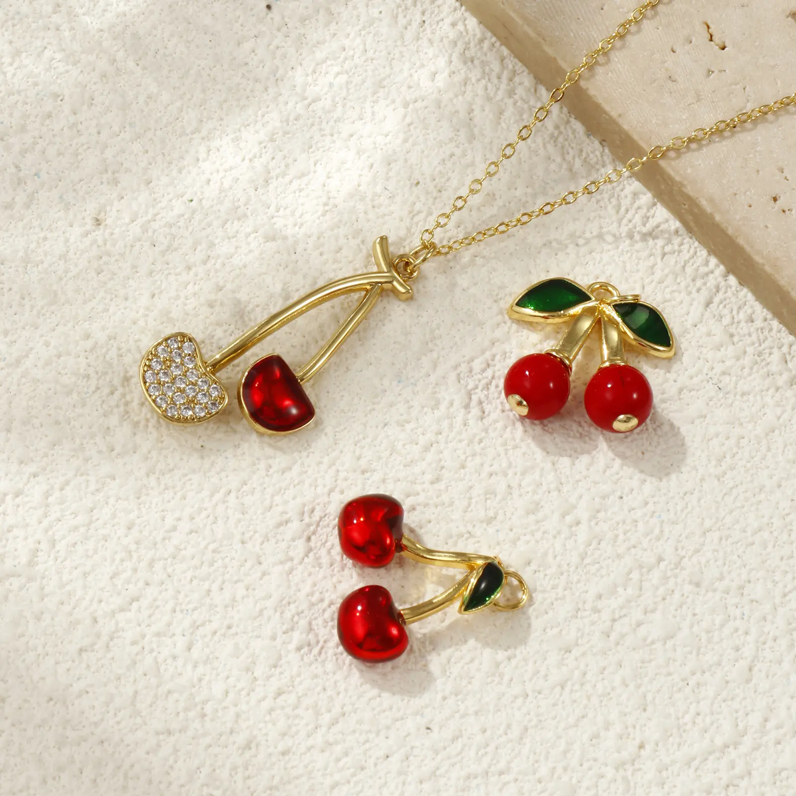 1 Piece Brass Charms 18K Gold Plated Red Cherry Fruit Cubic Zirconia Pendants For Necklace Bracelet Earrings Jewelry Making