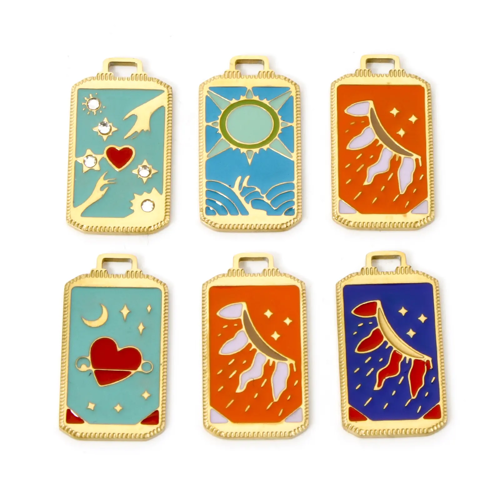 1 Piece 304 Stainless Steel Tarot Charms 18K Gold Plated Rectangle Sun Enamel Pendnats For DIY Jewelry Making 25.5mm x 14mm