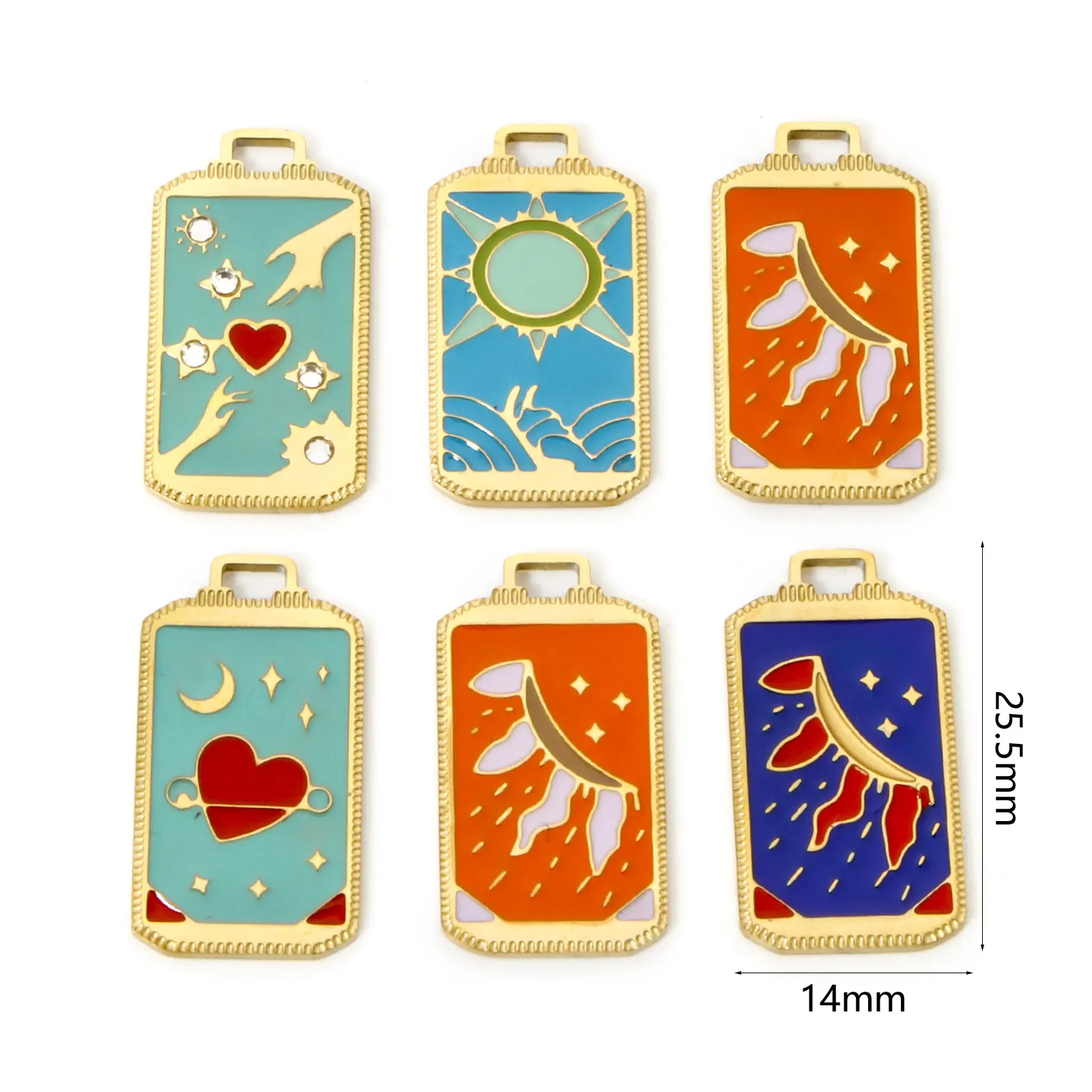 1 Piece 304 Stainless Steel Tarot Charms 18K Gold Plated Rectangle Sun Enamel Pendnats For DIY Jewelry Making 25.5mm x 14mm