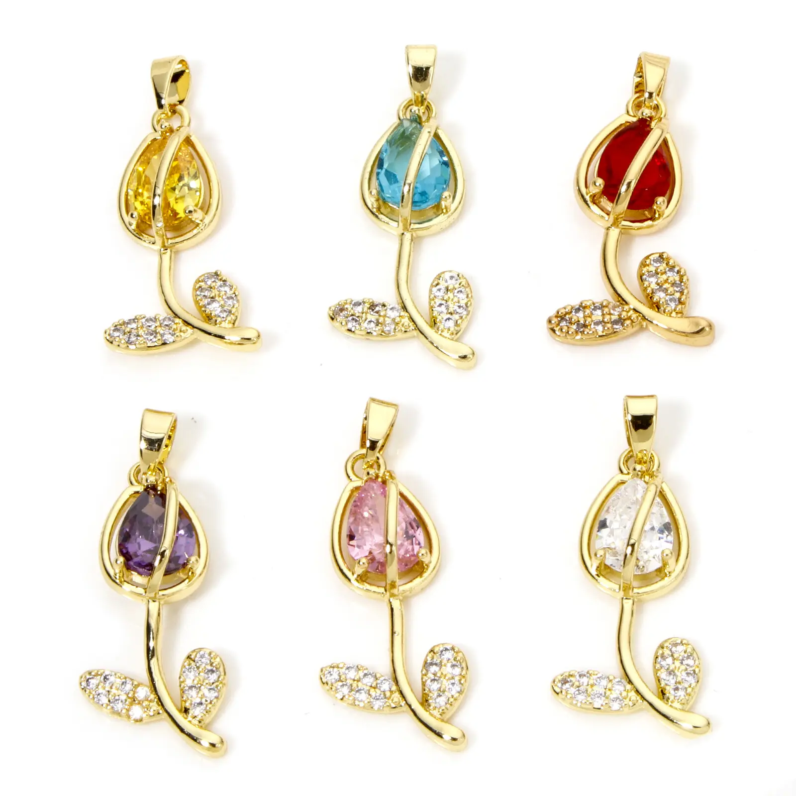 1 Piece Brass & Glass Charms 18K Gold Plated Multicolor Tulip Flower Micro Pave Clear Cubic Zirconia Pendant DIY 29mm x 12mm