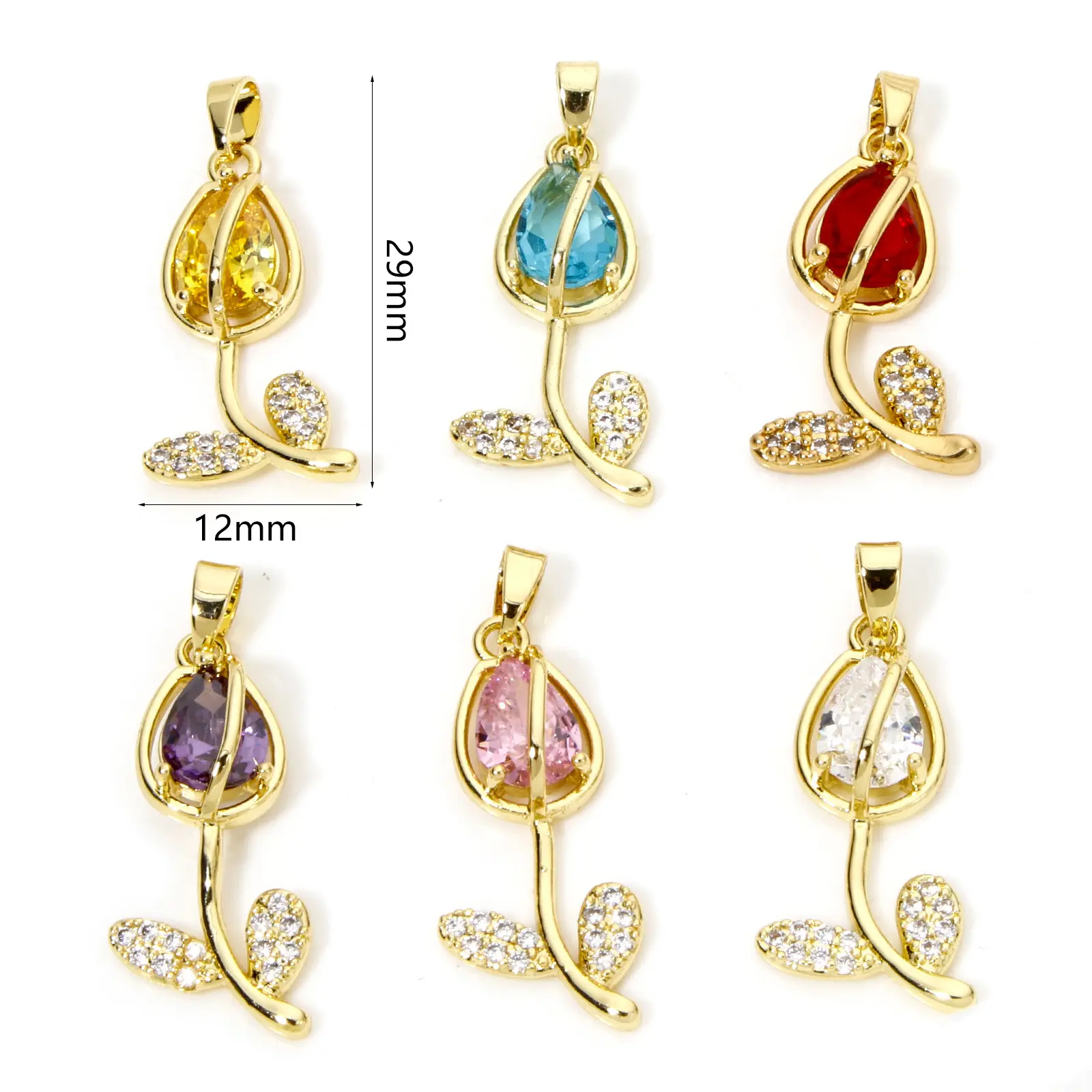 1 Piece Brass & Glass Charms 18K Gold Plated Multicolor Tulip Flower Micro Pave Clear Cubic Zirconia Pendant DIY 29mm x 12mm