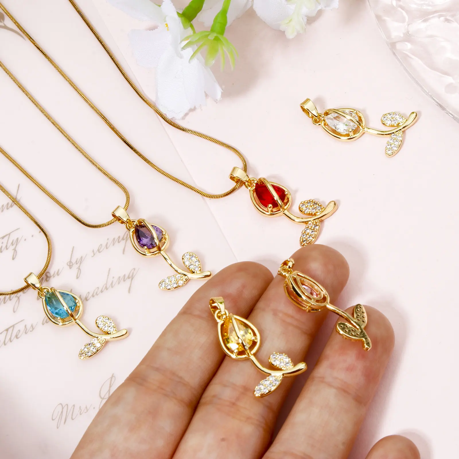 1 Piece Brass & Glass Charms 18K Gold Plated Multicolor Tulip Flower Micro Pave Clear Cubic Zirconia Pendant DIY 29mm x 12mm