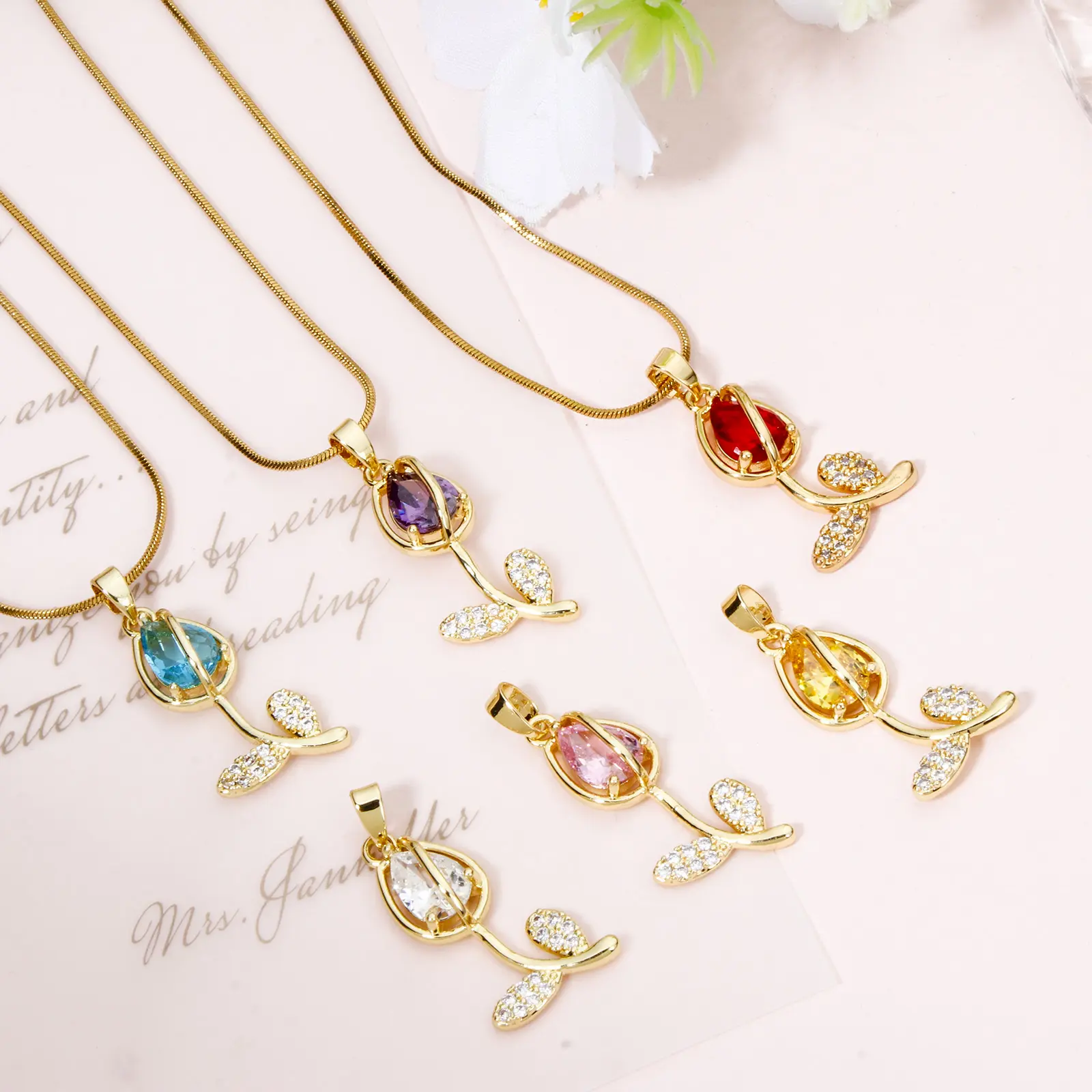 1 Piece Brass & Glass Charms 18K Gold Plated Multicolor Tulip Flower Micro Pave Clear Cubic Zirconia Pendant DIY 29mm x 12mm