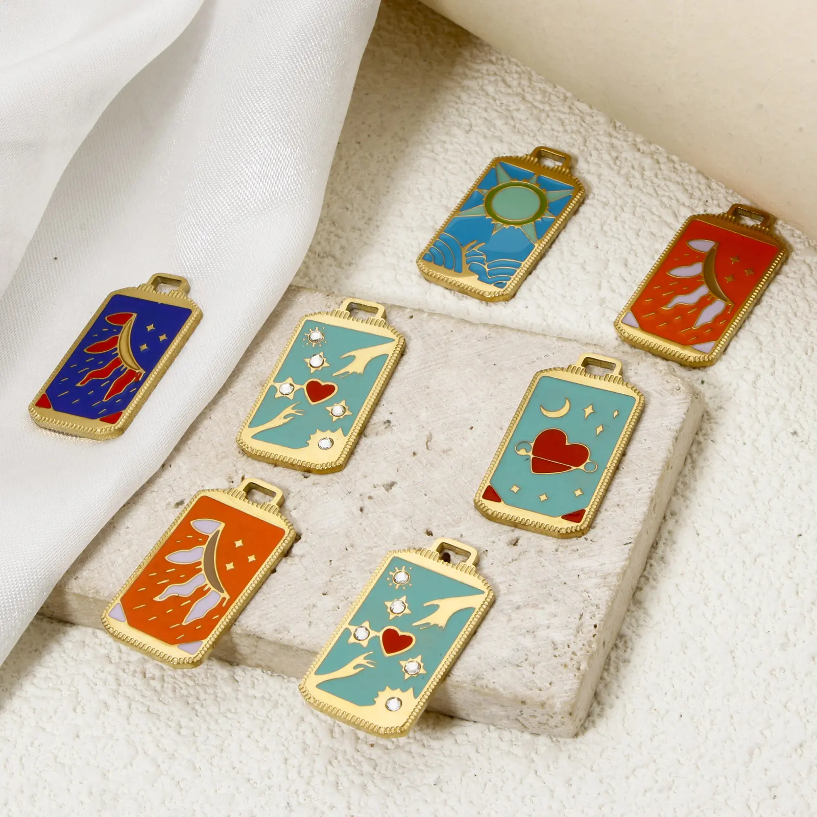 1 Piece 304 Stainless Steel Tarot Charms 18K Gold Plated Rectangle Sun Enamel Pendnats For DIY Jewelry Making 25.5mm x 14mm