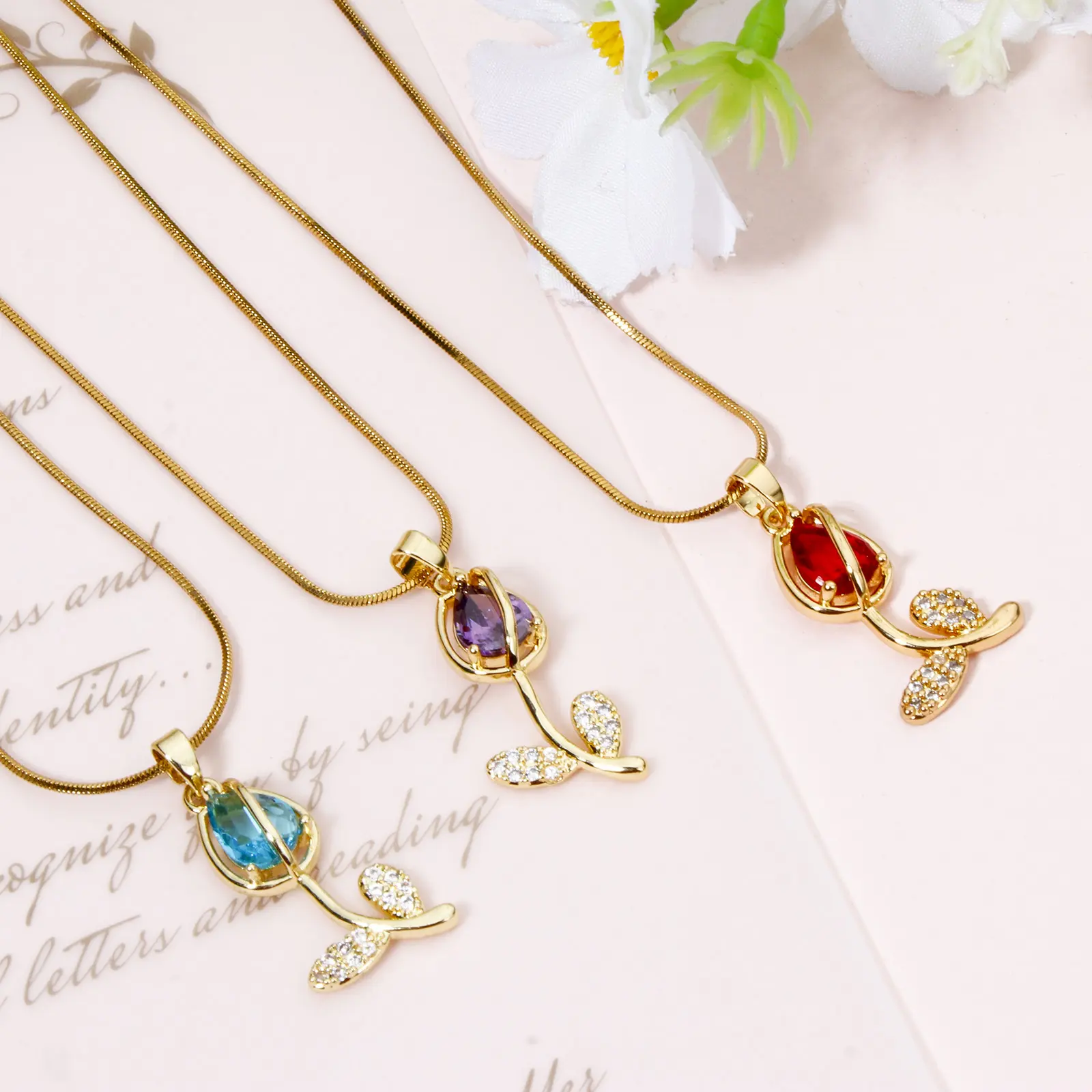 1 Piece Brass & Glass Charms 18K Gold Plated Multicolor Tulip Flower Micro Pave Clear Cubic Zirconia Pendant DIY 29mm x 12mm
