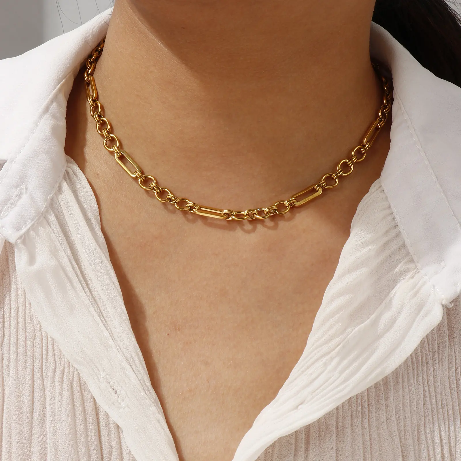 1 Piece 304 Stainless Steel Paperclip Link Chain Oval Necklace 18K Gold Plated 40cm + 5cm For Women Simple & Casual Gift