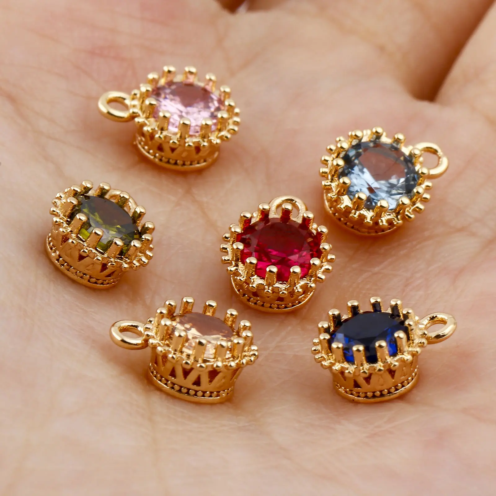 2 Piece Copper Birthstone Charms Round Multicolor Cubic Zirconia Gold Color Metal Pendants DIY Making Earrings Jewelry 9mm x 7mm