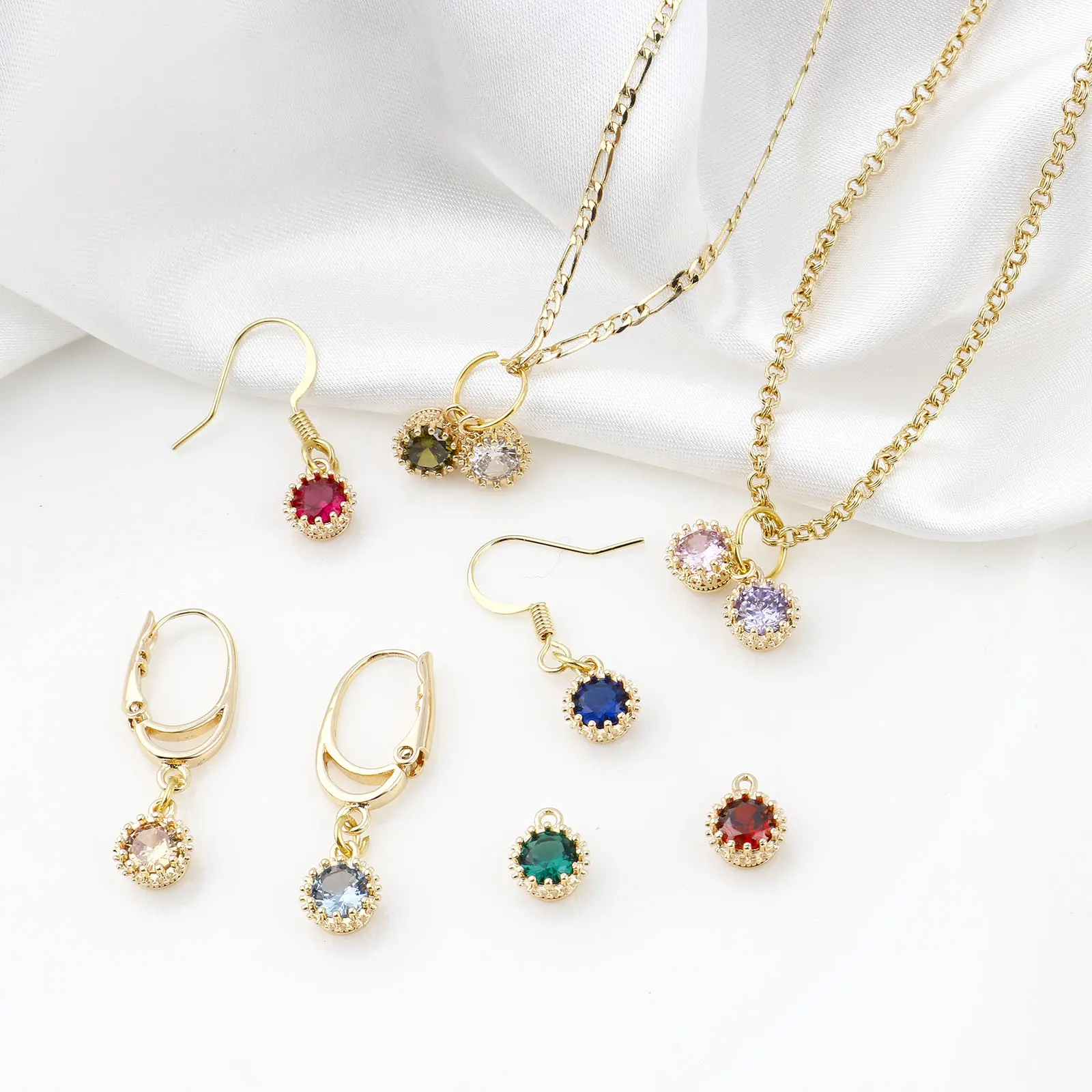 2 Piece Copper Birthstone Charms Round Multicolor Cubic Zirconia Gold Color Metal Pendants DIY Making Earrings Jewelry 9mm x 7mm