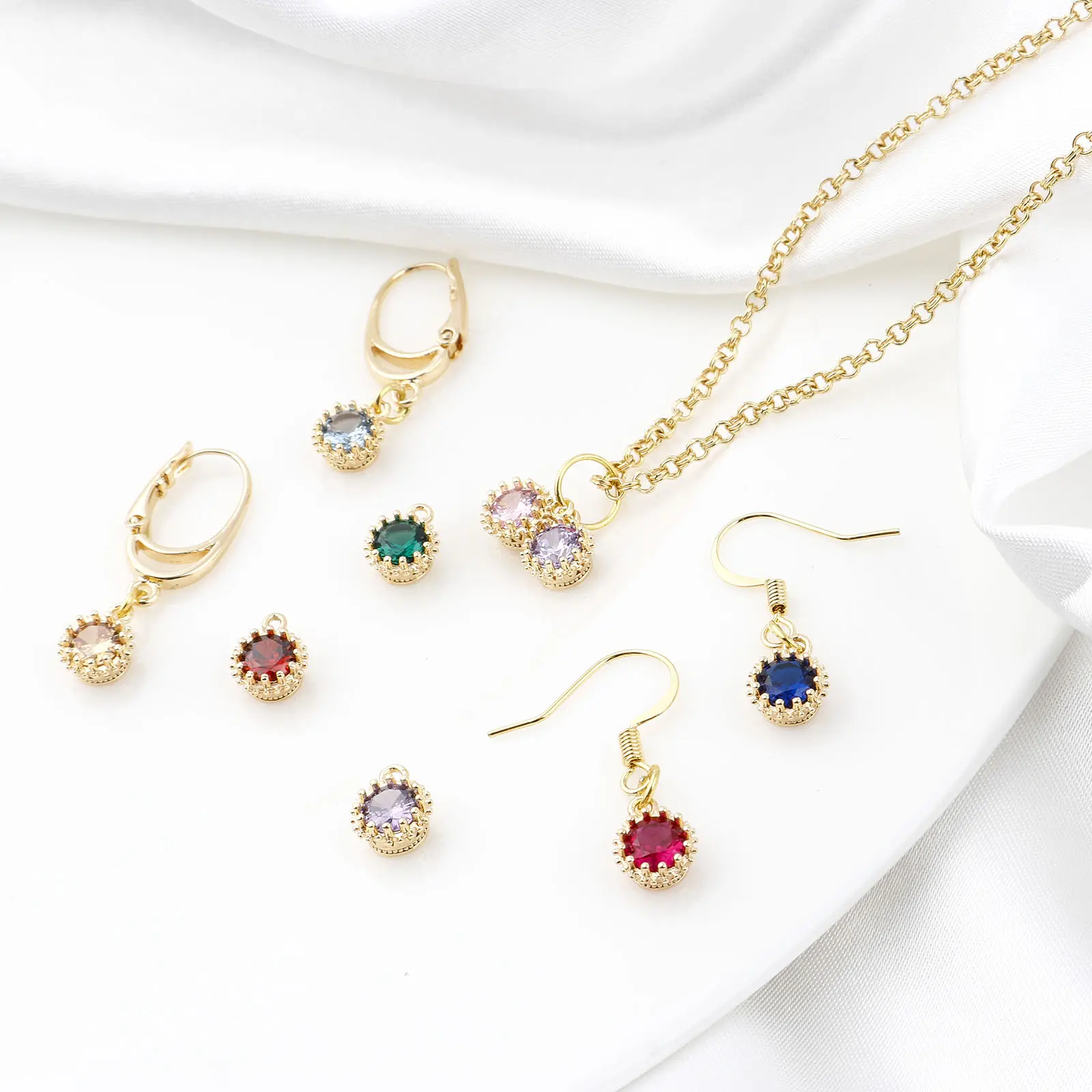 2 Piece Copper Birthstone Charms Round Multicolor Cubic Zirconia Gold Color Metal Pendants DIY Making Earrings Jewelry 9mm x 7mm