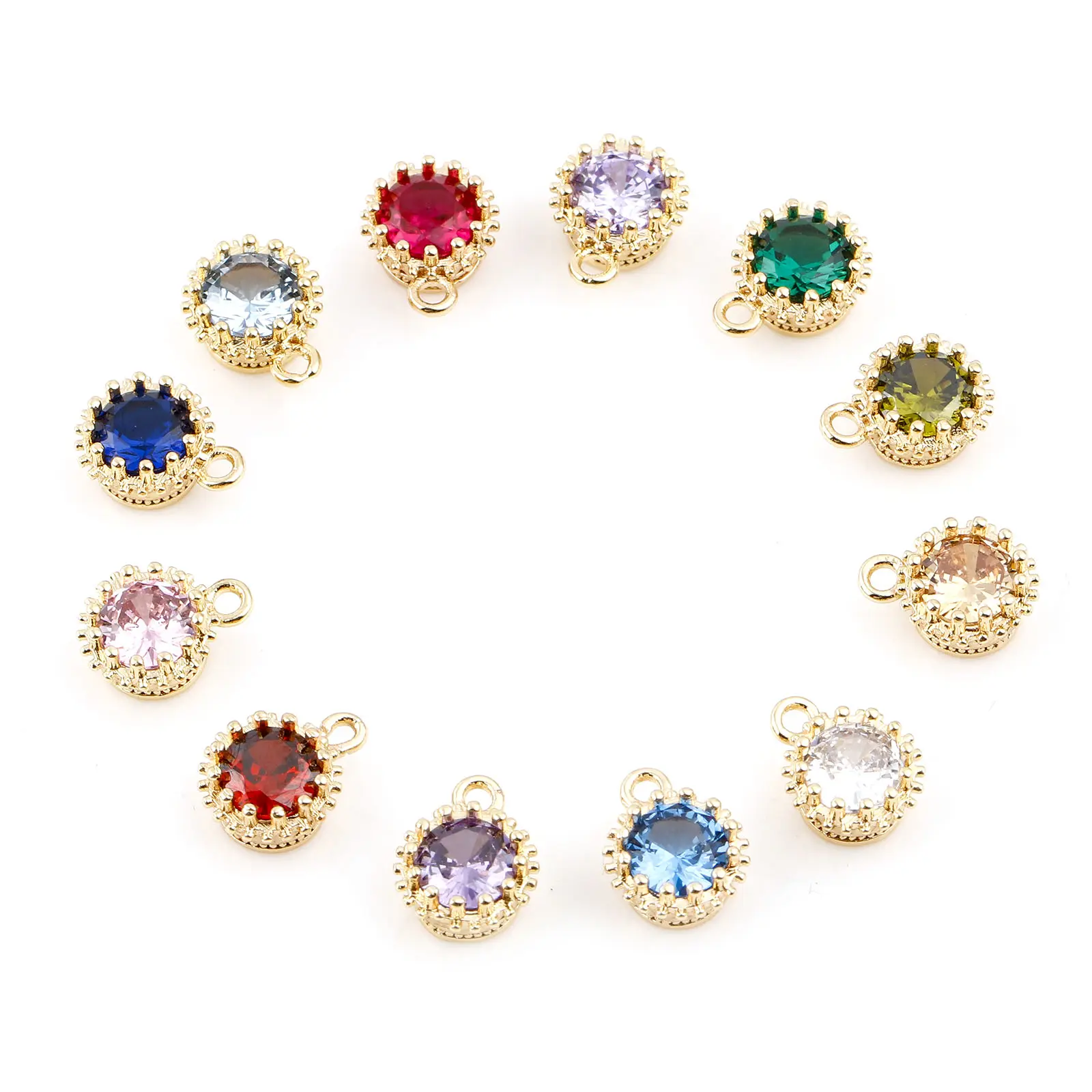 2 Piece Copper Birthstone Charms Round Multicolor Cubic Zirconia Gold Color Metal Pendants DIY Making Earrings Jewelry 9mm x 7mm