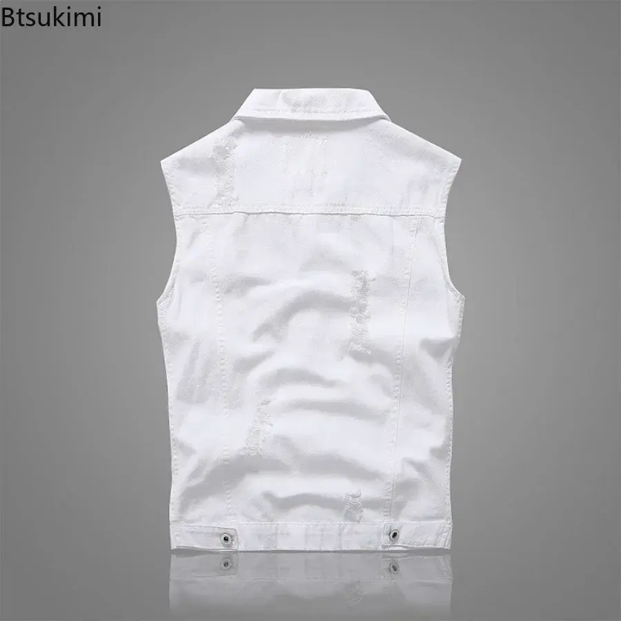New 2025 Men's White Denim Vest Vintage Sleeveless Casual Pure Cotton Vest Jackets Washed Jeans Waistcoats Male Trend Streetwear