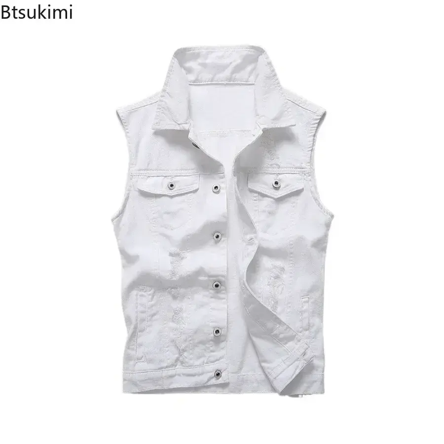 New 2025 Men's White Denim Vest Vintage Sleeveless Casual Pure Cotton Vest Jackets Washed Jeans Waistcoats Male Trend Streetwear