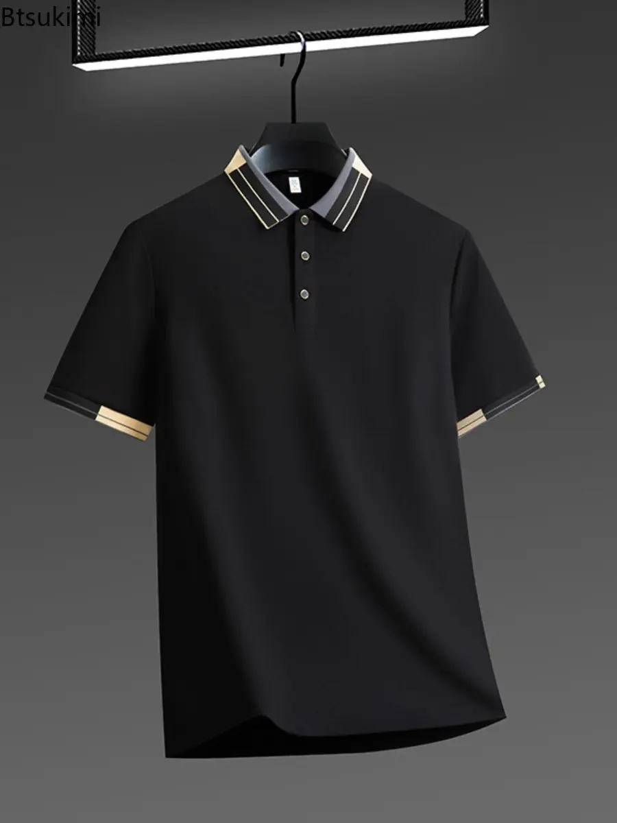 New 2025 Summer Men's Collar Polo Shirt Short Sleeved Sweat Absorbing Polo Tops Jacquard Breathable Solid Color T-shirt for Men