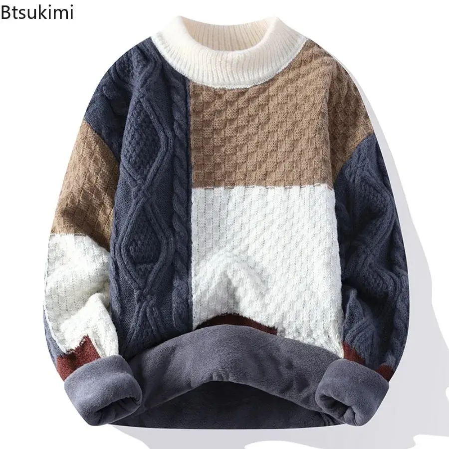 2025 Japanese Style Casual Men Knitted O Neck Pullovers Long Sleeve Sweater Loose Fit Spliced Winter Half High Neck Warm Sweater