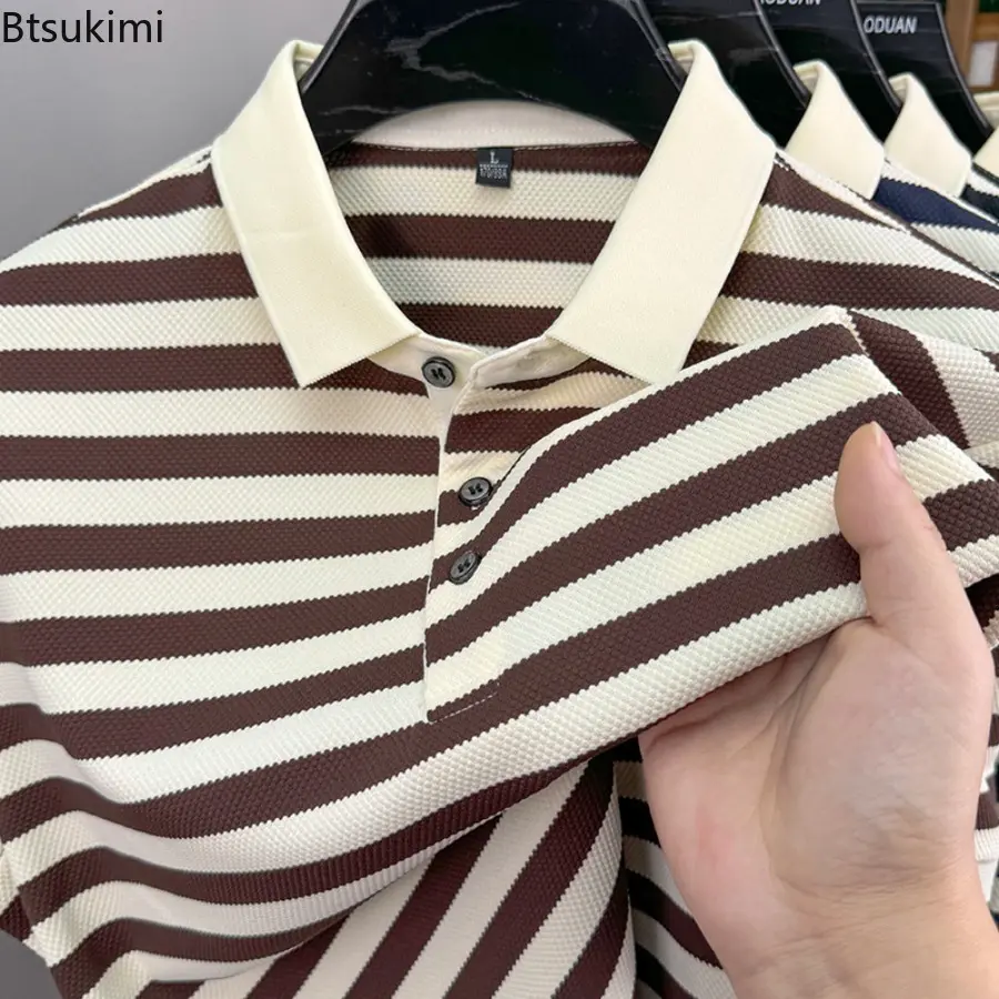 2025 Men's Summer Merbau Short Sleeve Polo Shirt Summer New Style Fashion Striped Loose Top for Men Casual Youth Lapel T-shirt