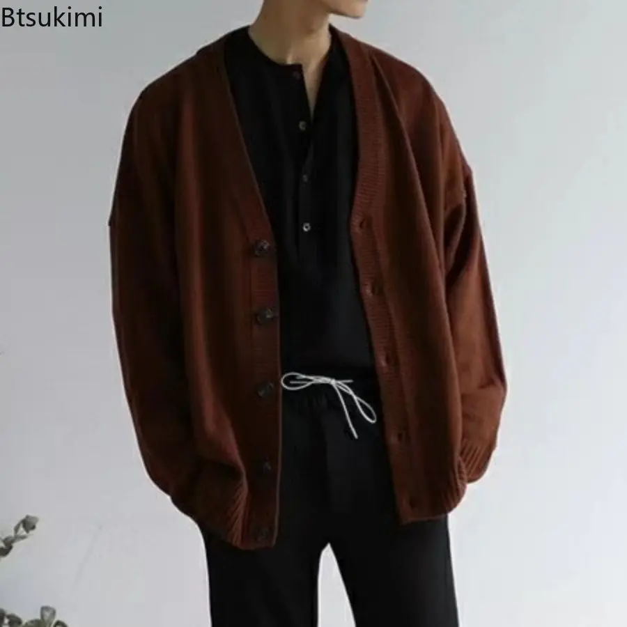 Spring Autumn Men's Casual V-Neck Cardigan Sweaters Solid Color Long Sleeve Outerwear Single-breasted Male Loose Knitted Coats
