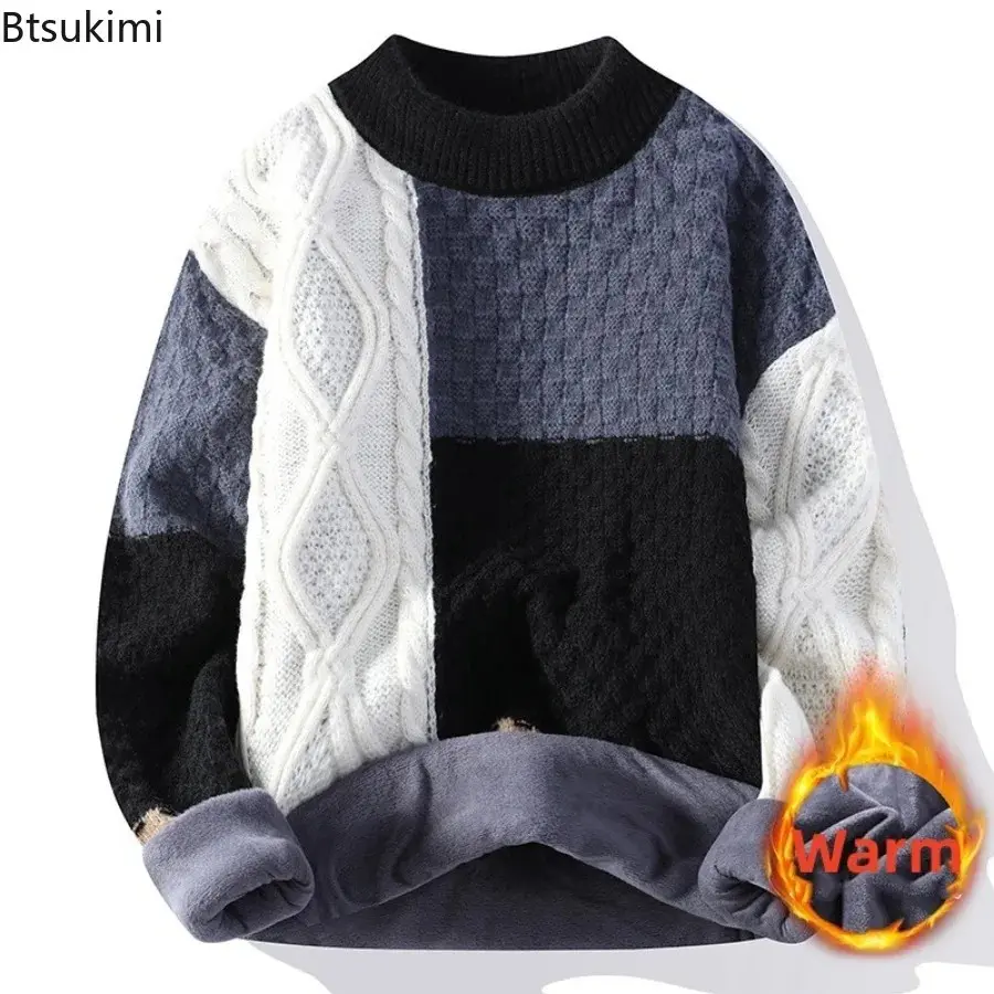 2025 Japanese Style Casual Men Knitted O Neck Pullovers Long Sleeve Sweater Loose Fit Spliced Winter Half High Neck Warm Sweater
