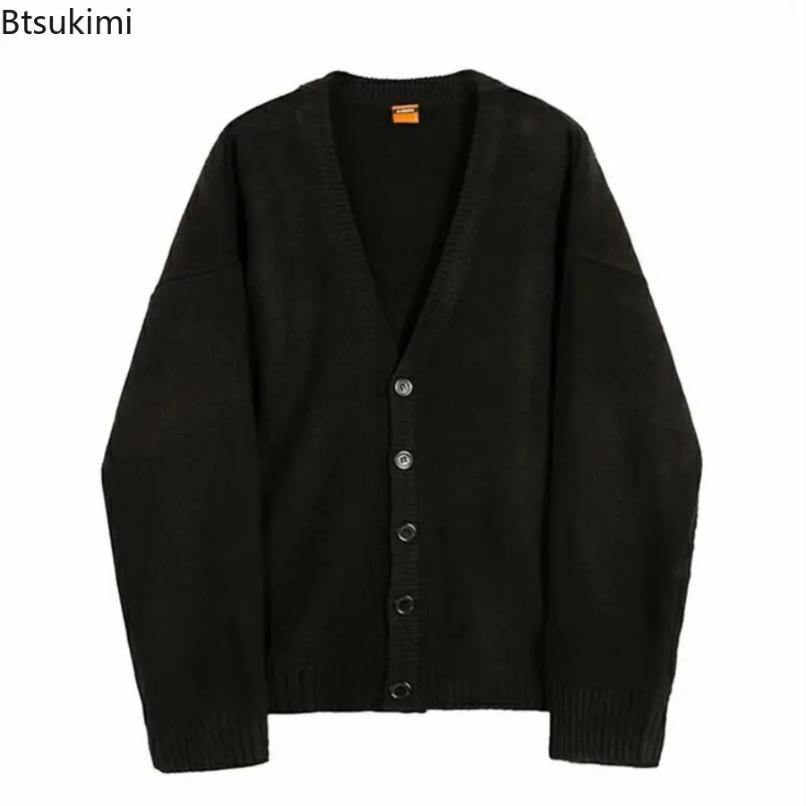 Spring Autumn Men's Casual V-Neck Cardigan Sweaters Solid Color Long Sleeve Outerwear Single-breasted Male Loose Knitted Coats